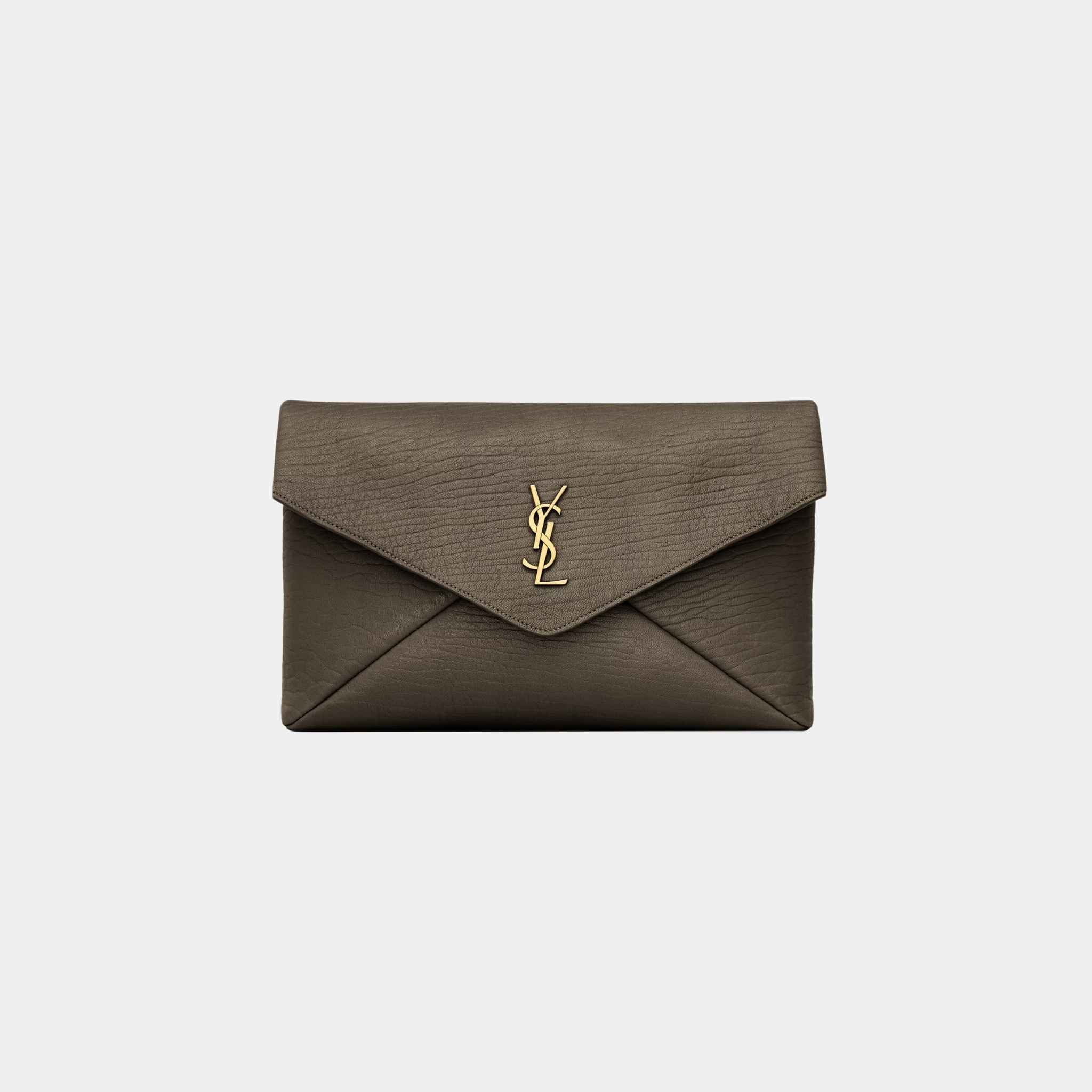 Yves Saint Laurent Cassandre Large Envelope Pouch In Lambskin, Light Musk, Front
