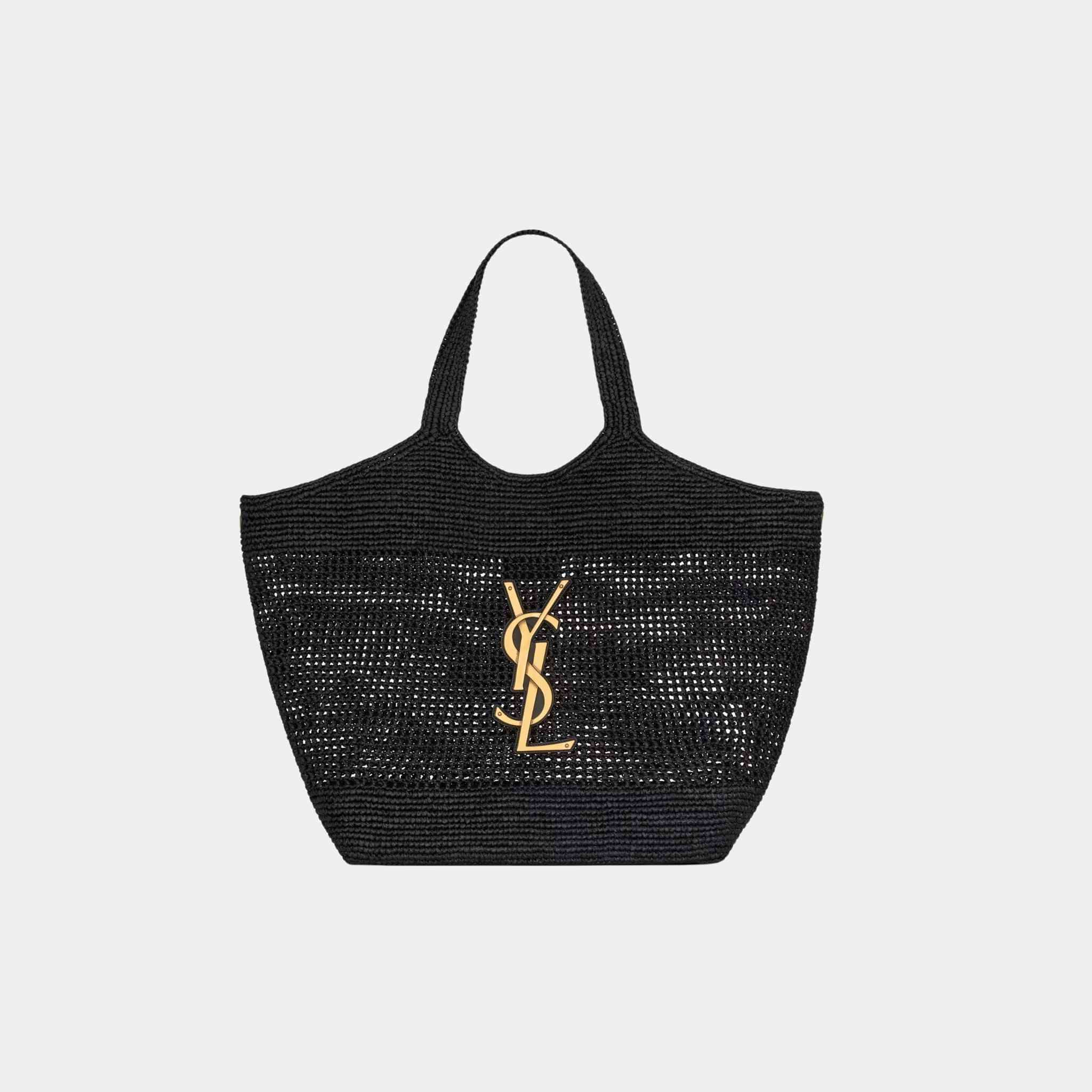 Yves Saint Laurent Icare Maxi Tote In Raffia, Black, Front