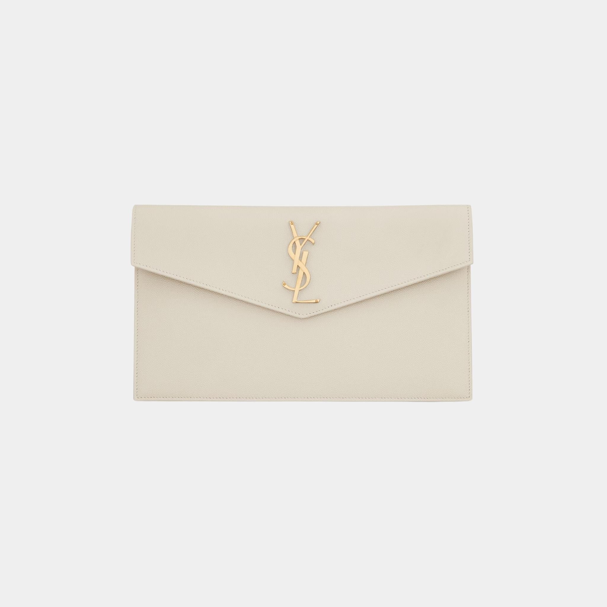 Yves Saint Laurent Uptown Pouch In Grain De Poudre Leather, Blanc Vintage, Front