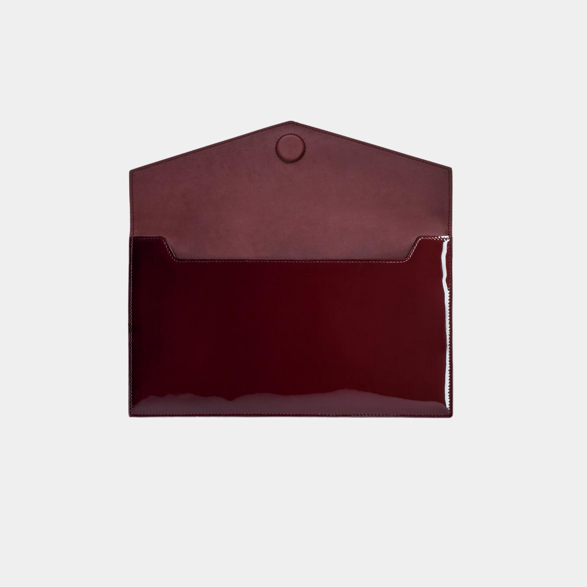 Yves Saint Laurent Uptown Pouch Patent Leather With Canvas Lining, Dark Red Wine, Open