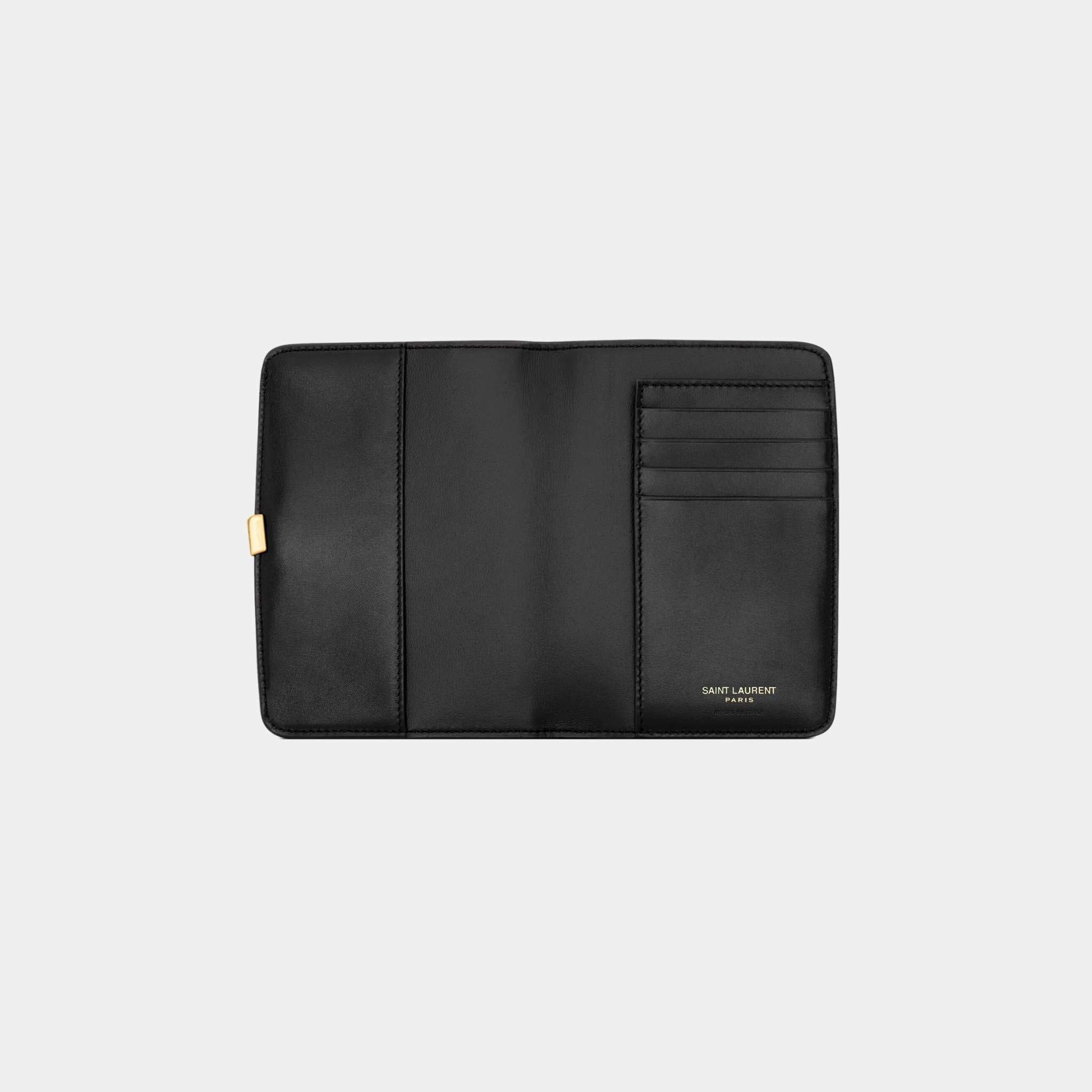 Yves Saint Laurent Voltaire Passport Case Calfskin, Black, Open