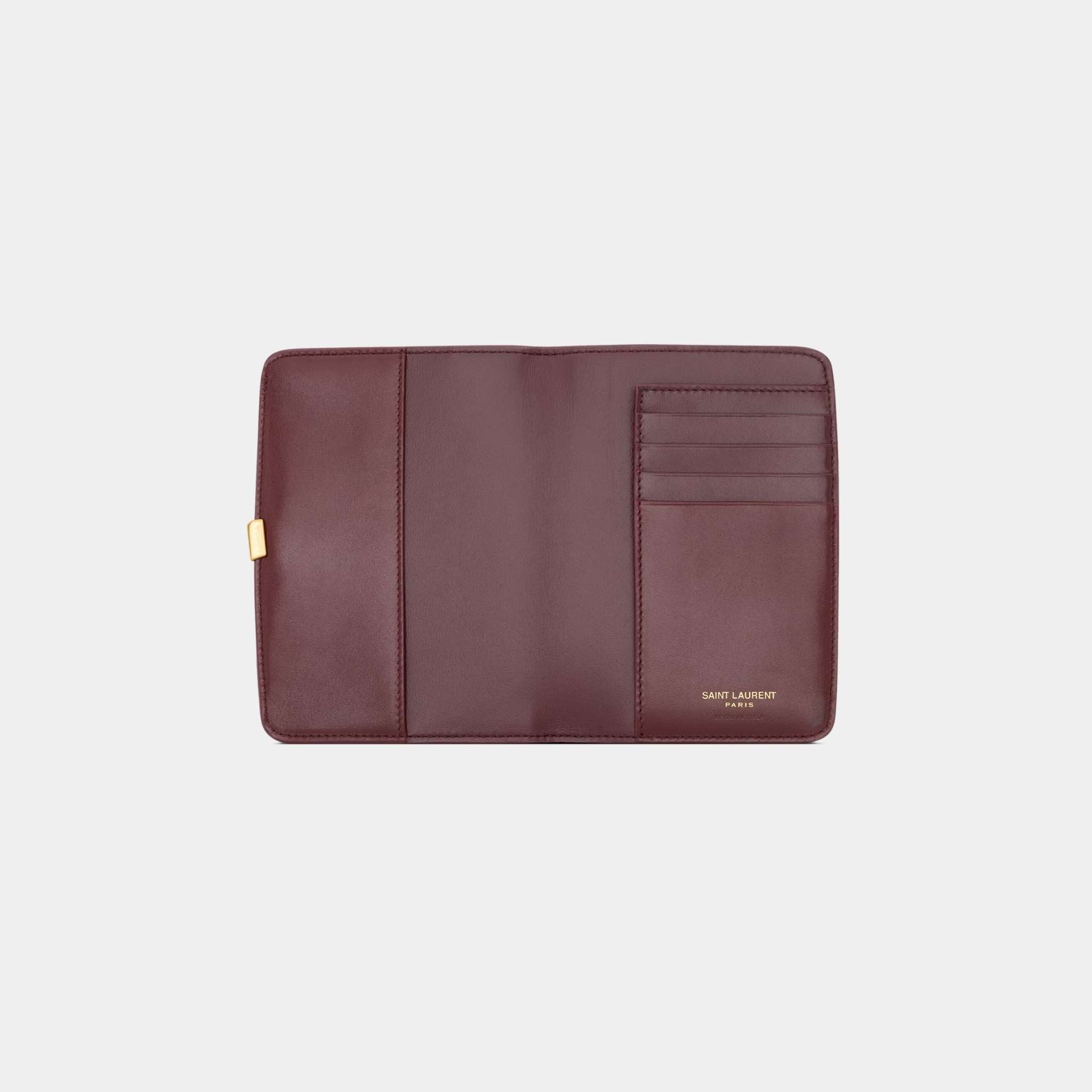 Yves Saint Laurent Voltaire Passport Case Calfskin, Hot Wine, Open