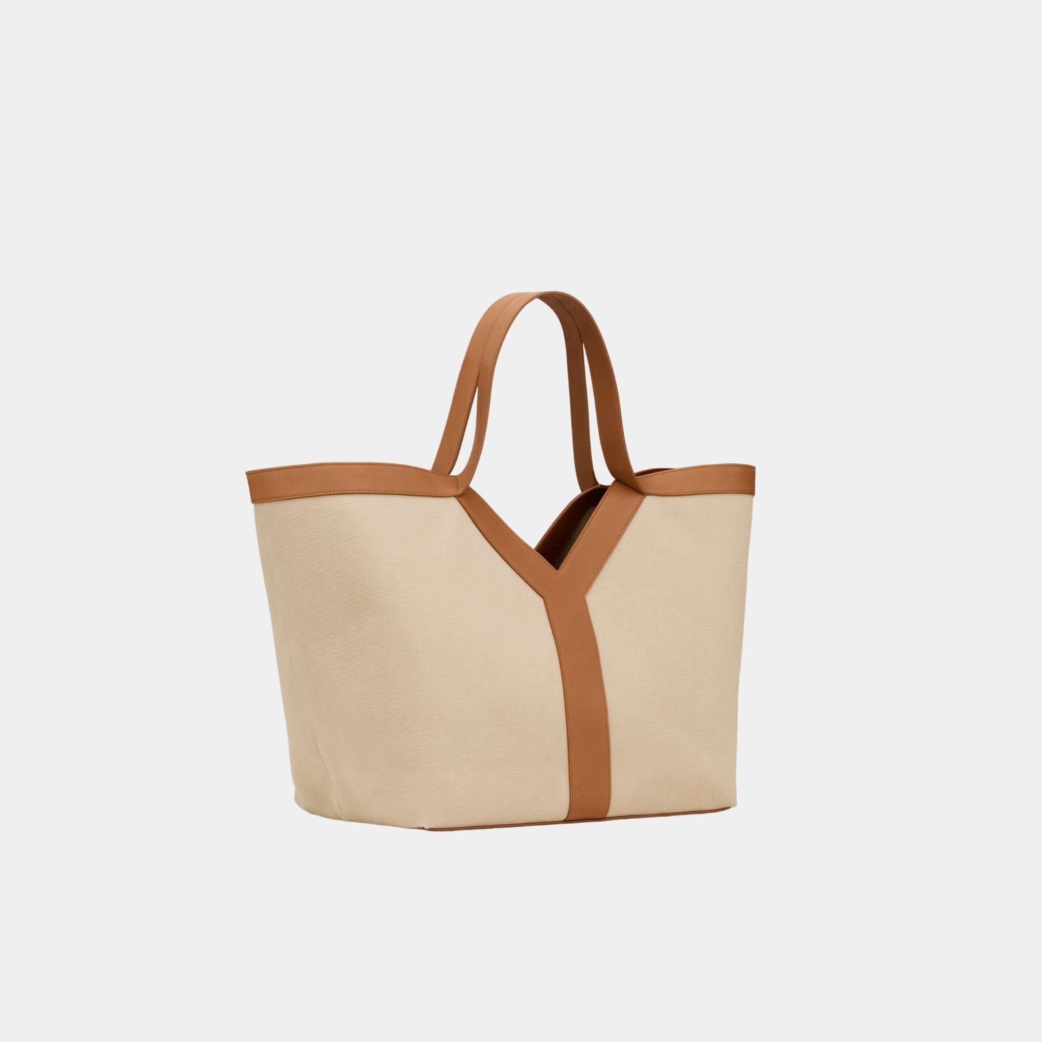 Yves Saint Laurent Y Tote In Canvas And Vegetable-Tanned Leather, Front, Side