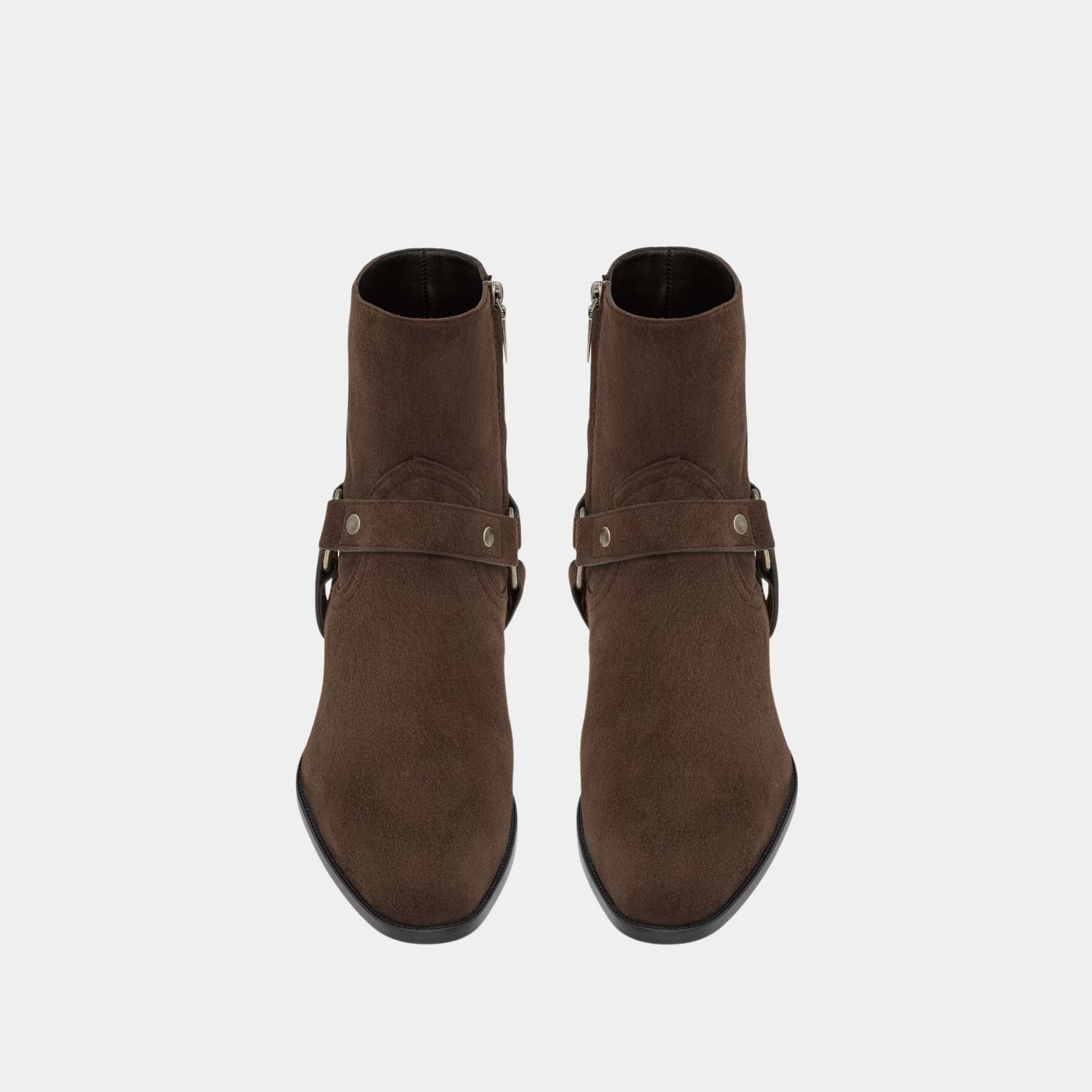 Yves Saint Laurent Wyatt Harness Boots in Dark Chocolate Suede, Close