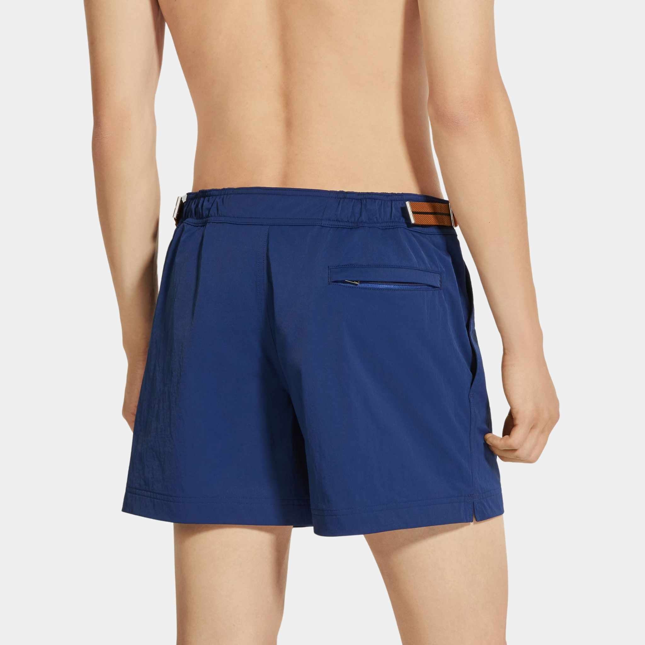 Zegna 232 Road Brand Mark Swim Trunks, Blue, Back