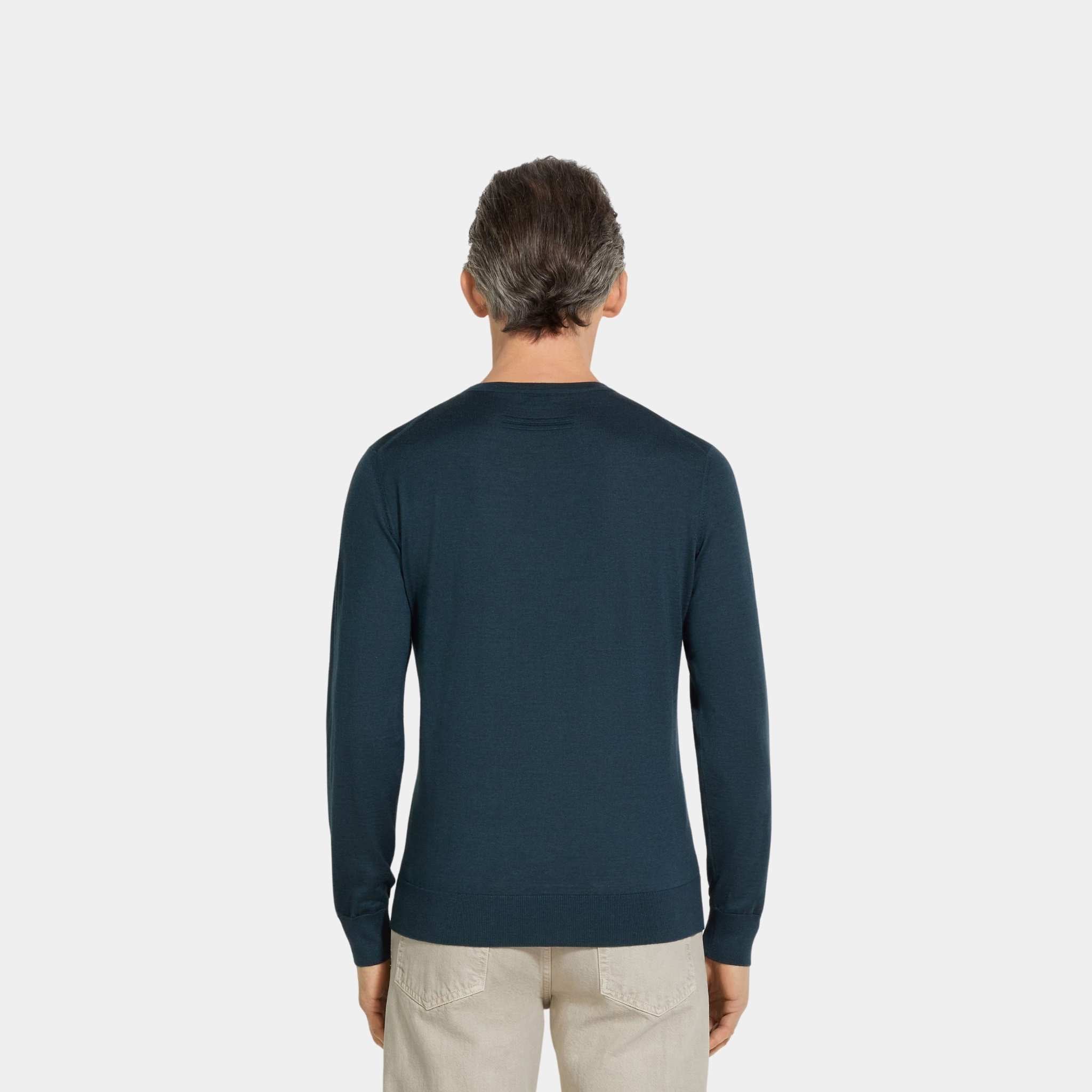 Zegna Cashseta Crewneck, Dark Teal Blue, Back