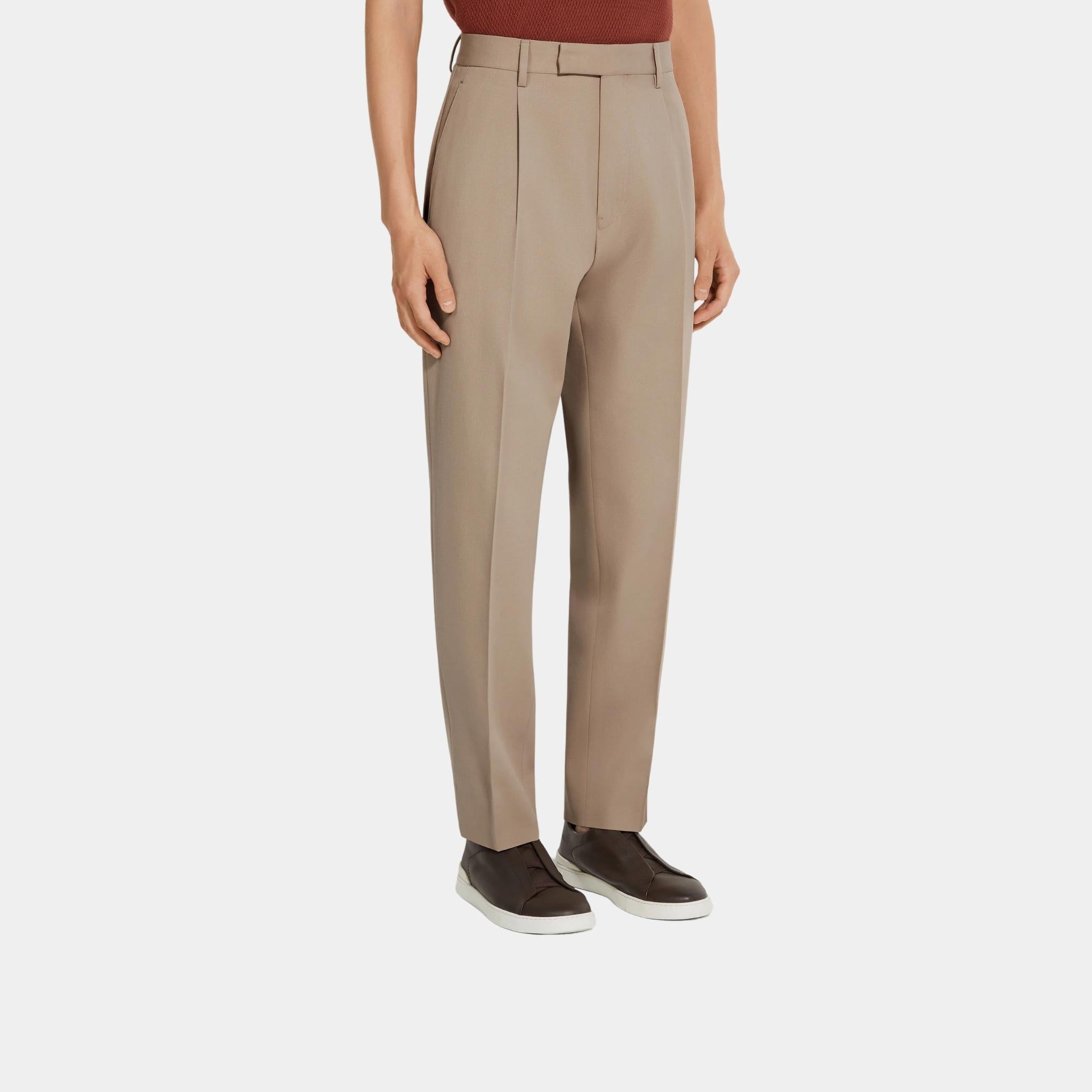 Zegna Cotton and Wool Pants With Single Front Pleats, Light Taupe, Model