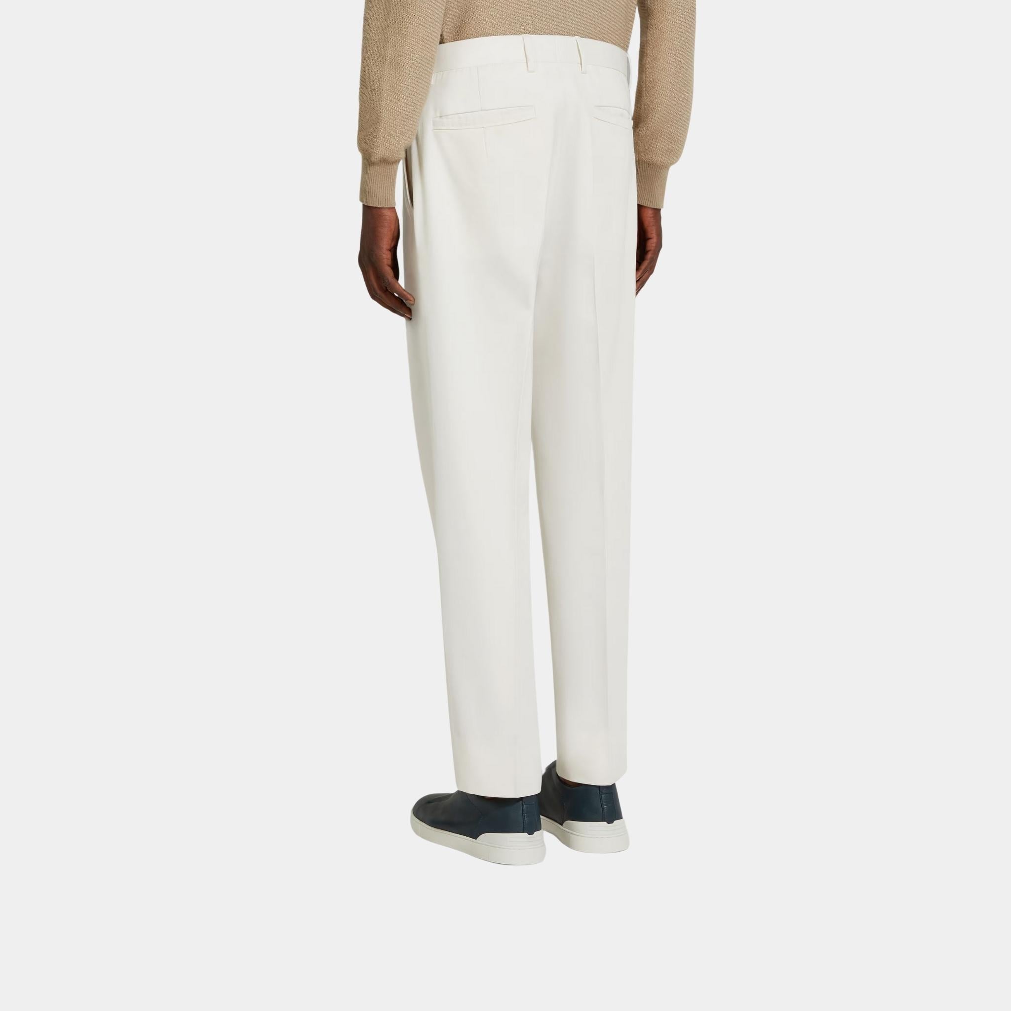 Zegna Cotton and Wool Pants With Single Front Pleats, White, Back
