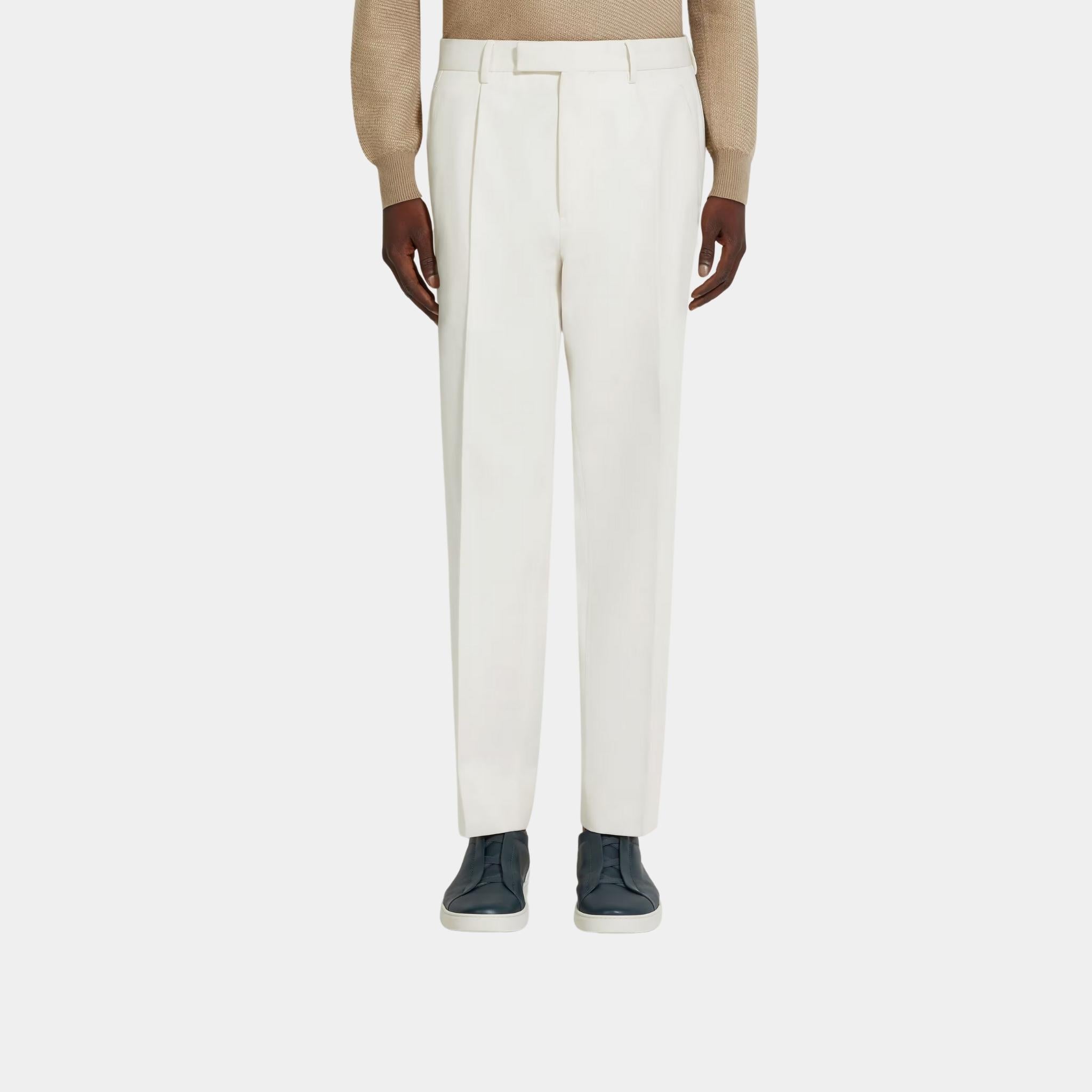 Zegna Cotton and Wool Pants With Single Front Pleats, White, Model