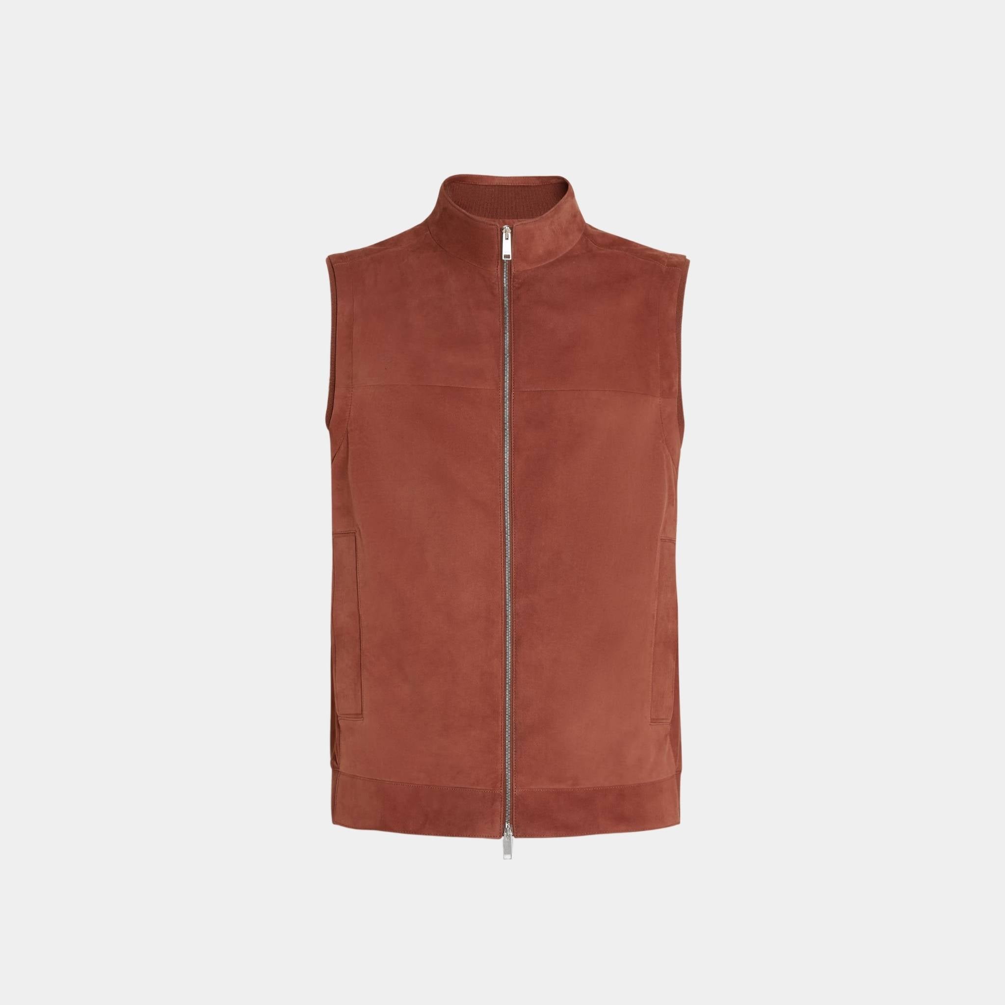 Zegna Leather Vest With Silk-Cotton Blend Lining, Brick Red, Front
