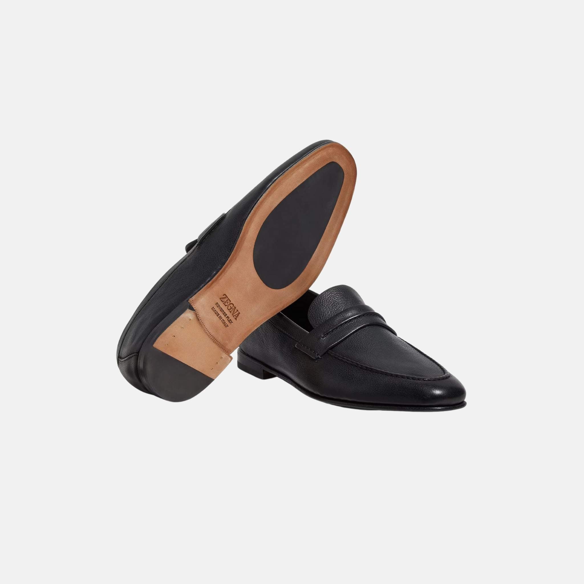 Zegna Mocassin Loafer In Natural Grain Leather, Black, Sole