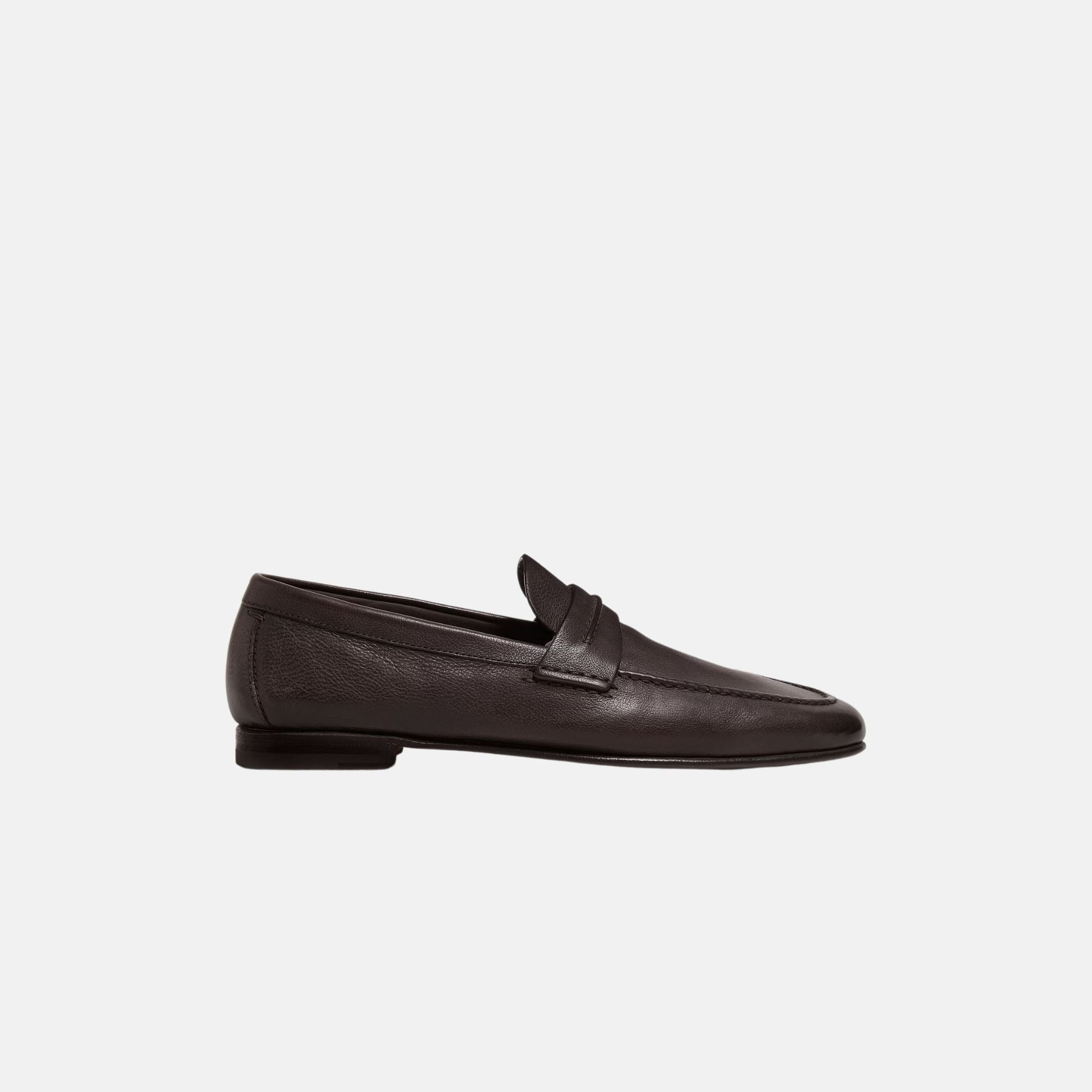 Zegna Mocassin Loafer In Natural Grain Leather, Dark Brown, Side