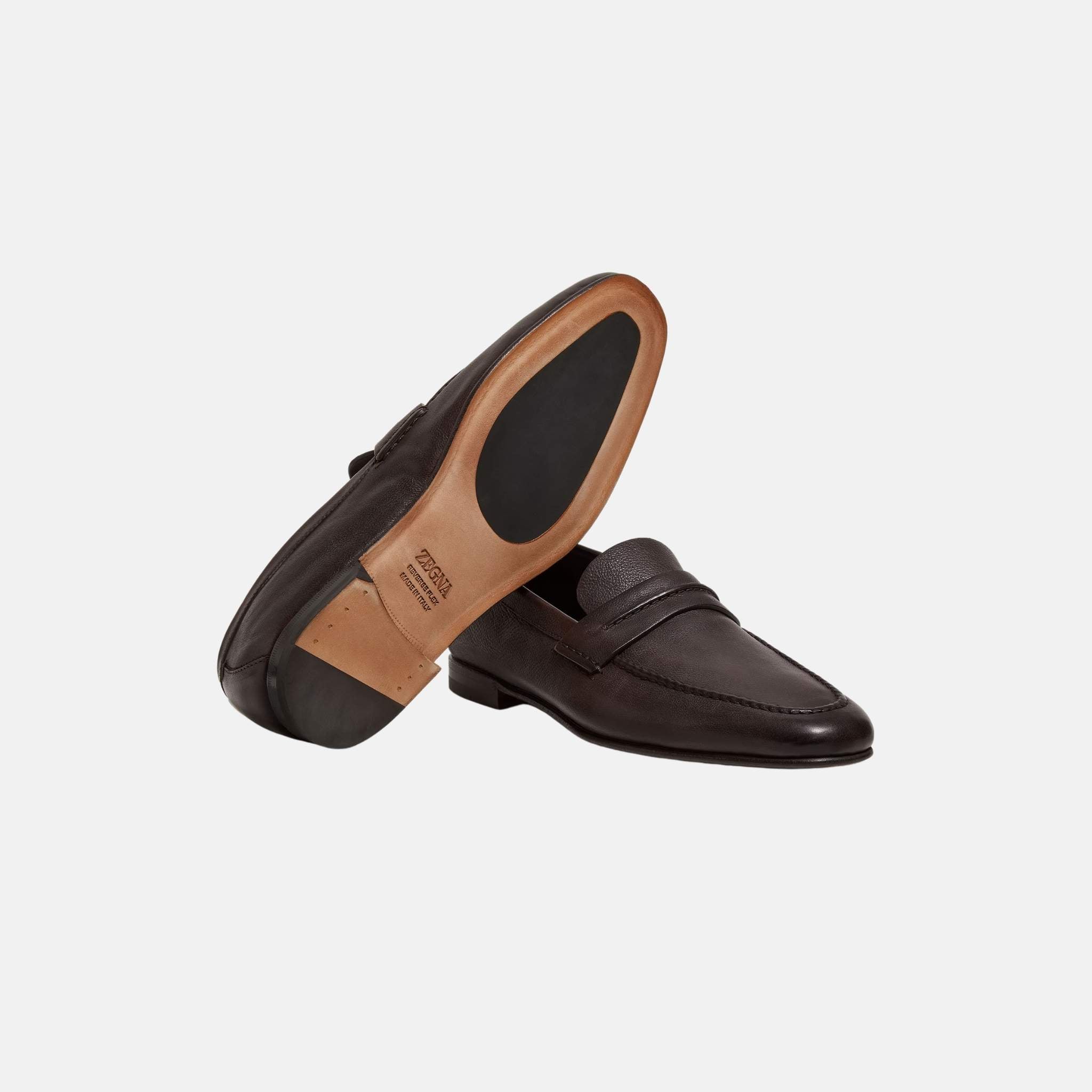 Zegna Mocassin Loafer In Natural Grain Leather, Dark Brown, Sole