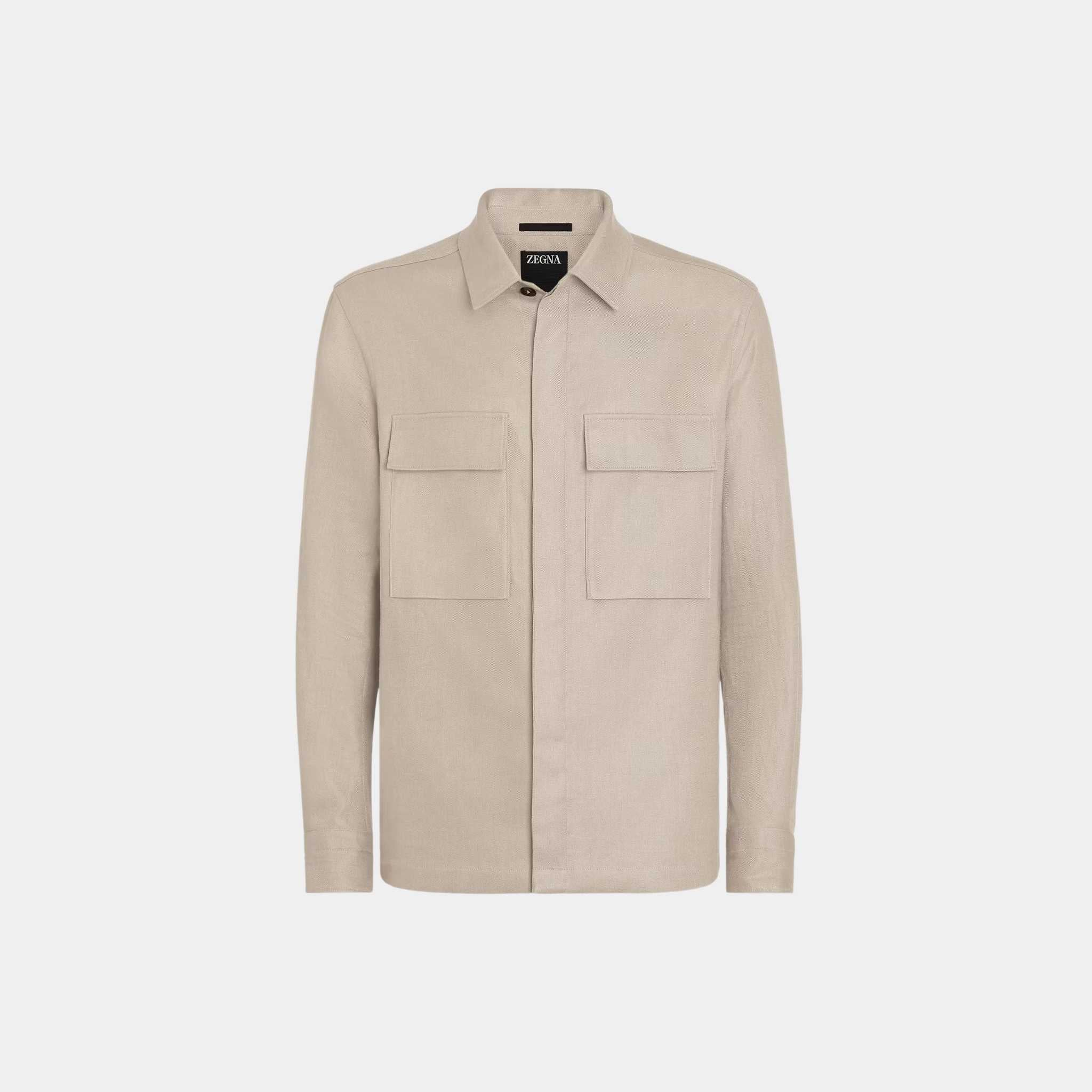 Zegna Oasi Lino Overshirt WIth Hidden Button Closure, Light Beige, Front