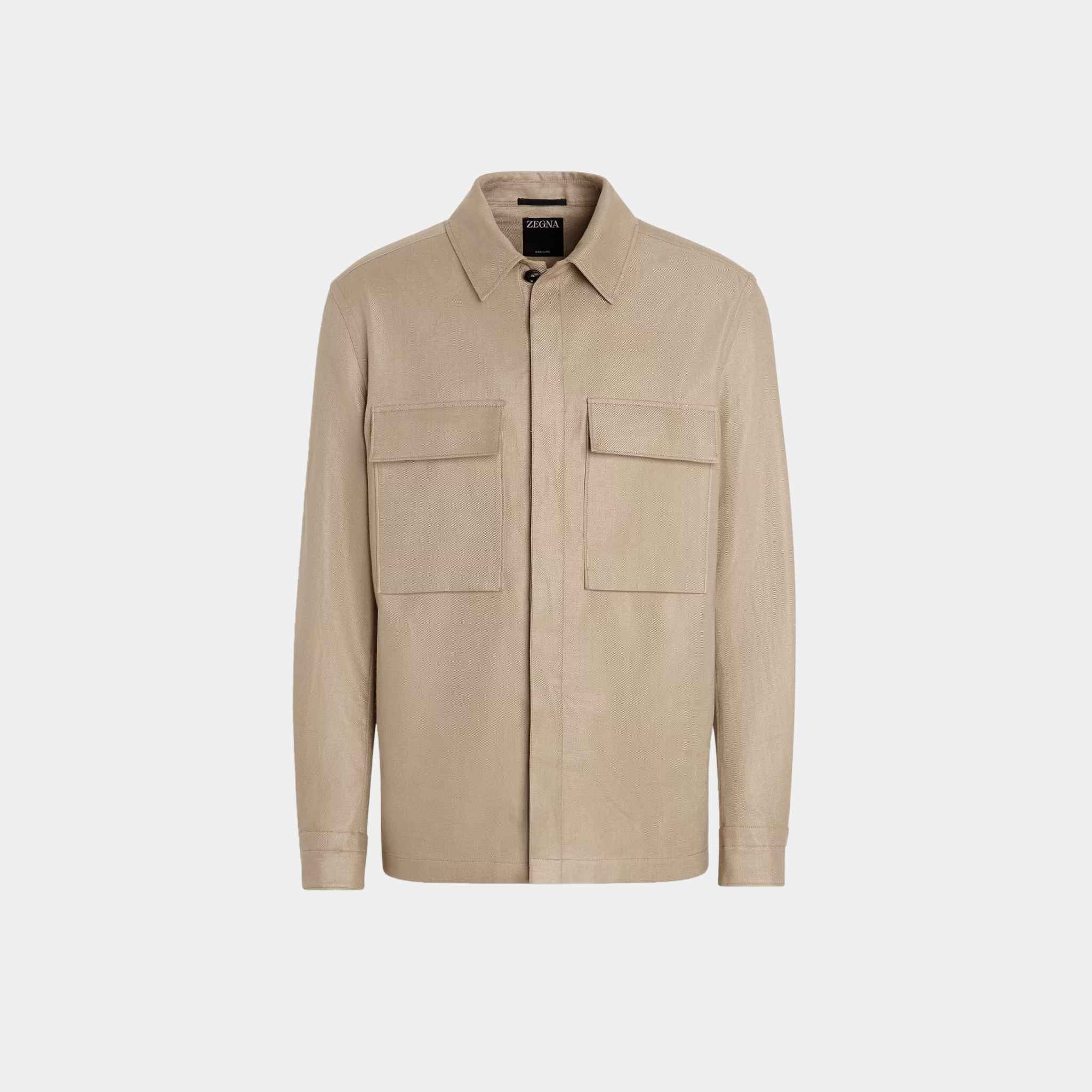 Zegna Oasi Lino Overshirt WIth Hidden Button Closure, Light Taupe, Front