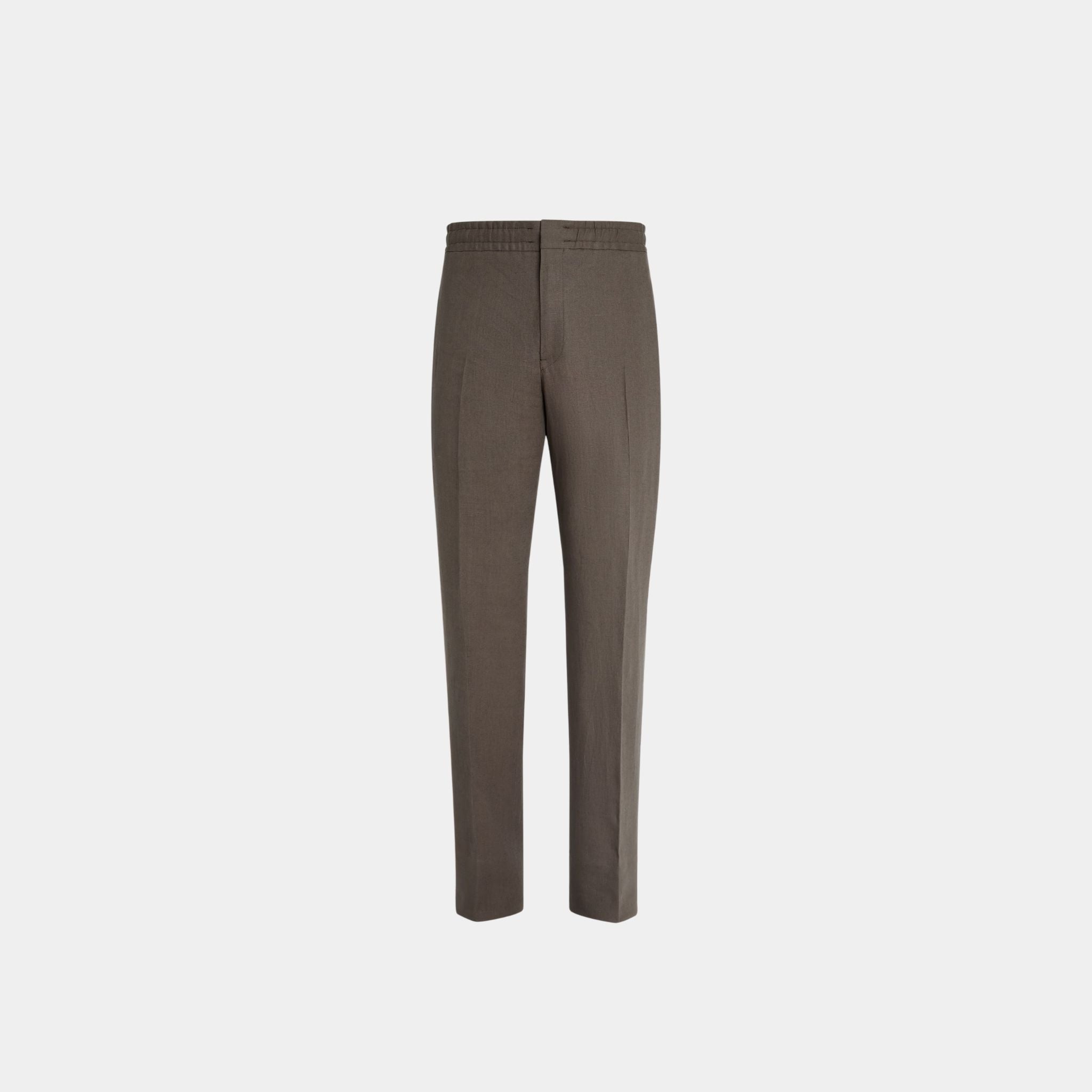 Zegna Oasi Lino Pants in Linen and Cupro, Dark Taupe, Front