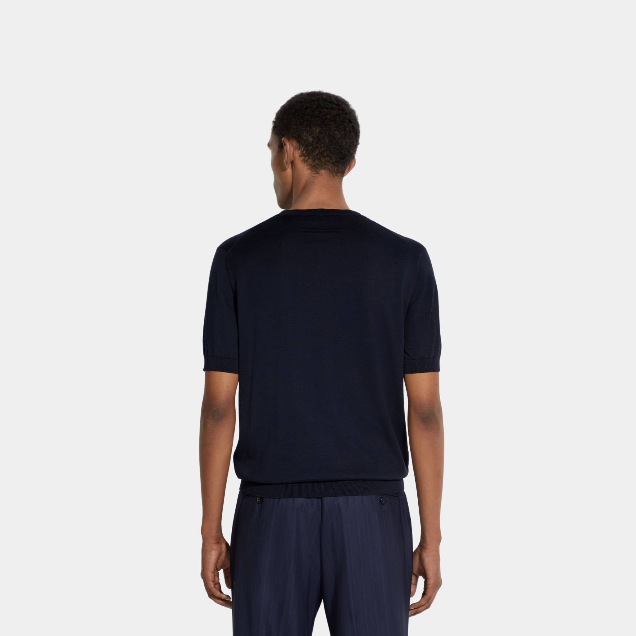 Zegna Premium Cotton Crewneck, Navy Blue, Back