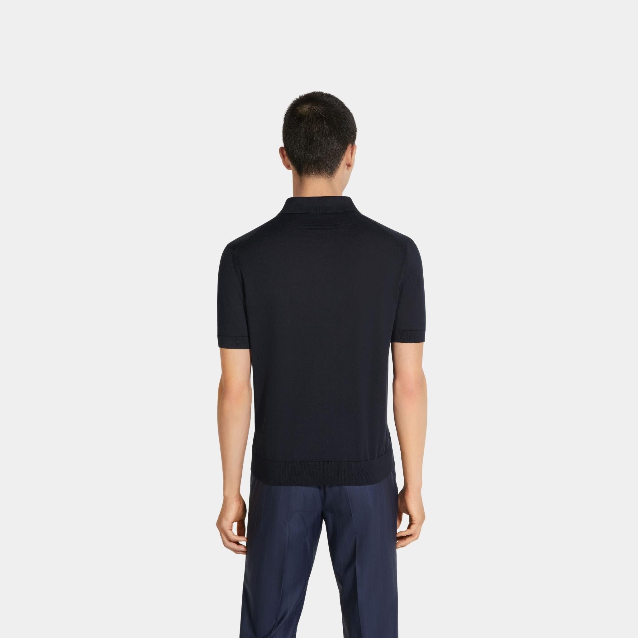 Zegna Premium Cotton Polo Shirt With Extra-Long Cotton Fibers, Navy Blue, Back