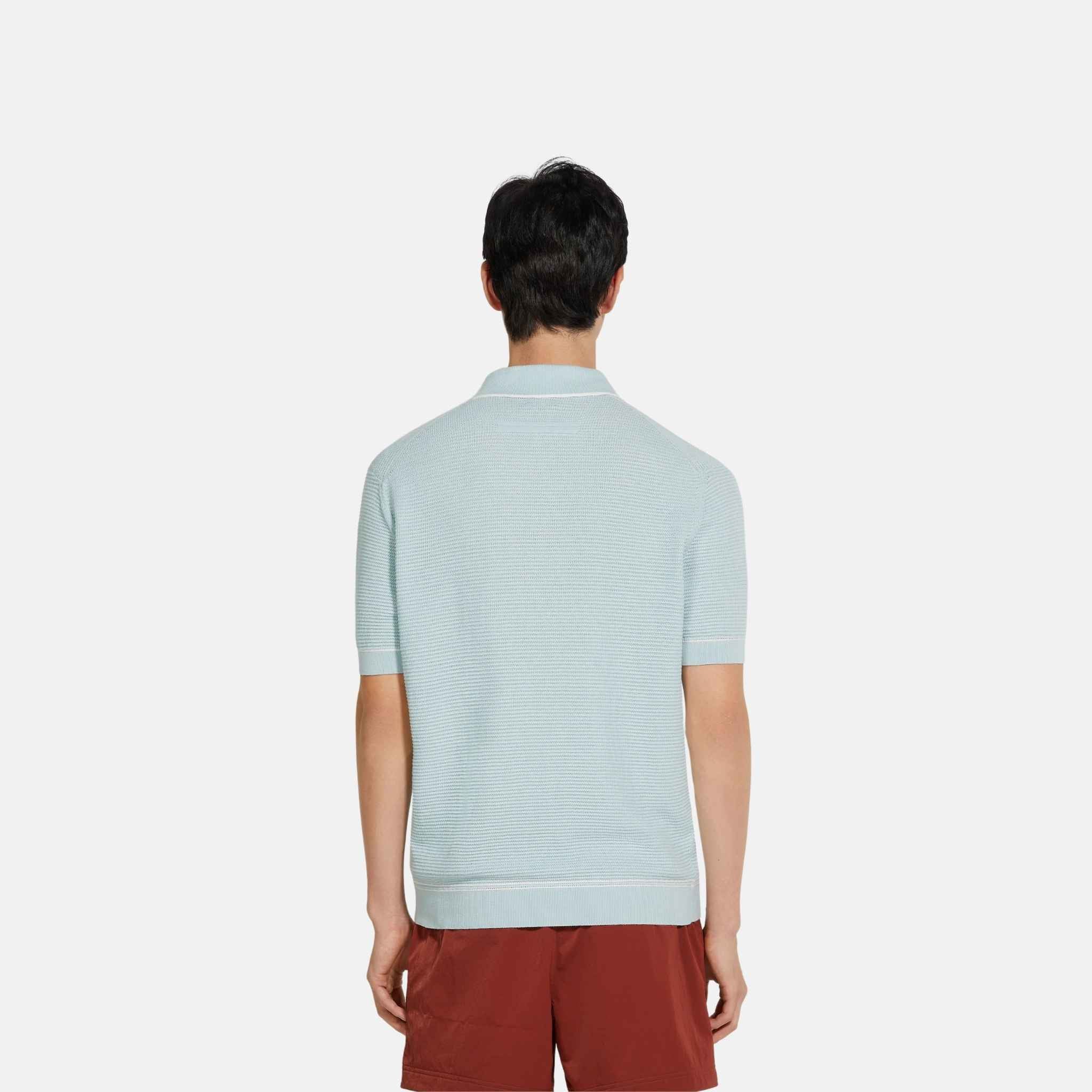 Zegna Premium Cotton Polo Shirt Purl Stitch Texture, Light Blue, Back
