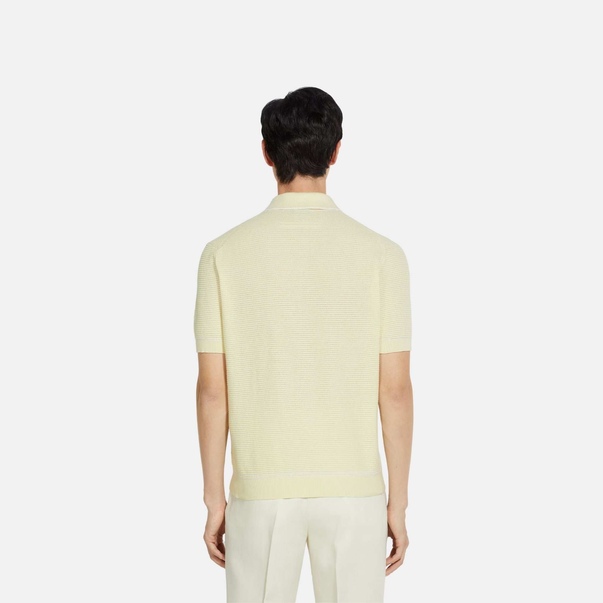 Zegna Premium Cotton Polo Shirt Purl Stitch Texture, Light Yellow, Back