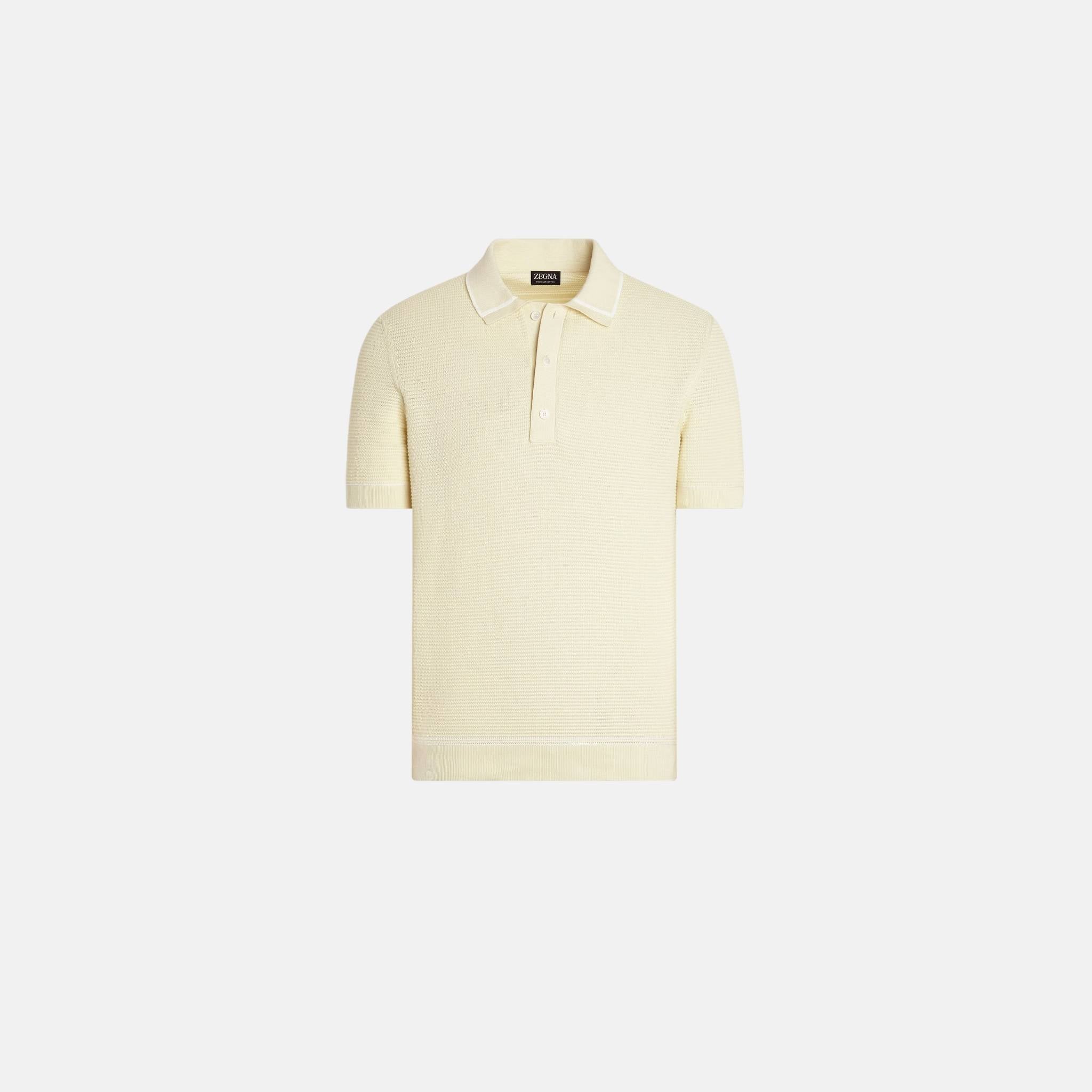 Zegna Premium Cotton Polo Shirt Purl Stitch Texture, Light Yellow, Front