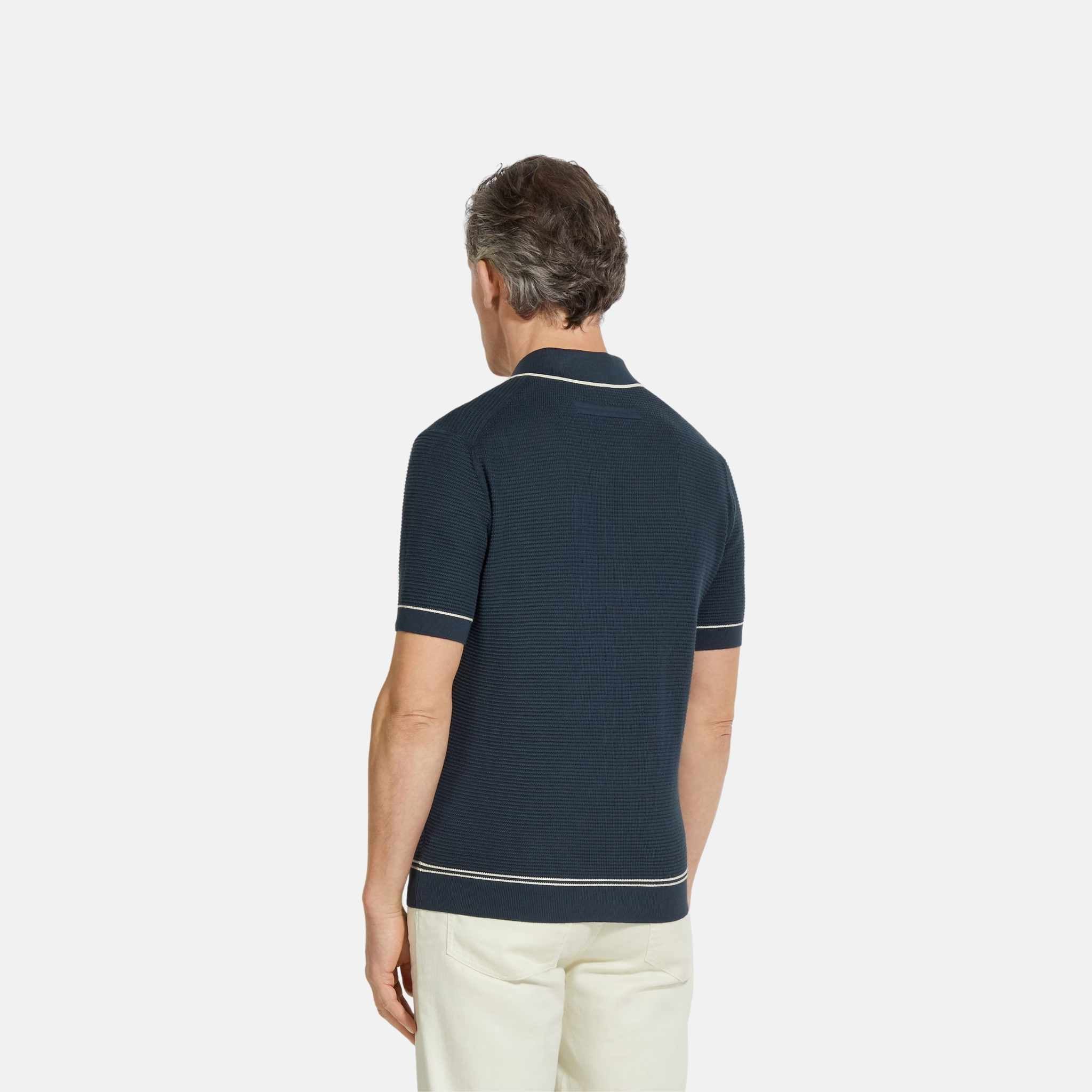 Zegna Premium Cotton Polo Shirt Purl Stitch Texture, Teal Blue, Back
