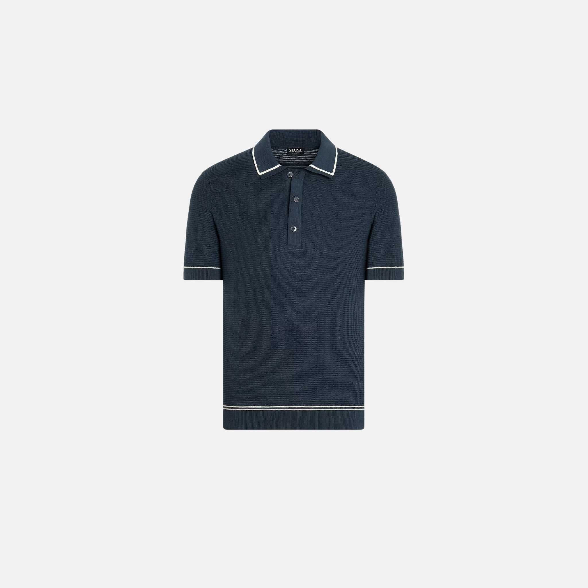 Zegna Premium Cotton Polo Shirt Purl Stitch Texture, Teal Blue, Front