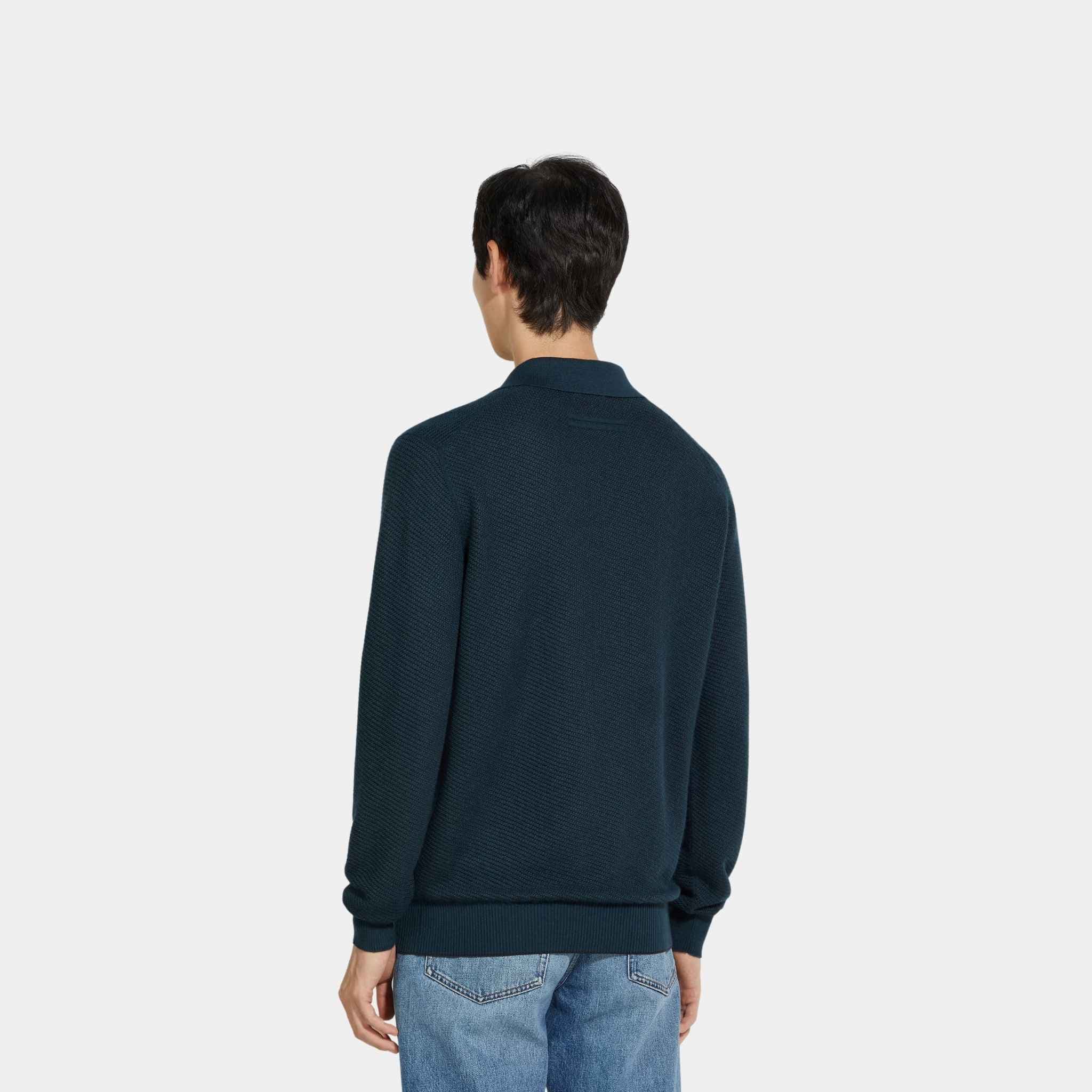 Zegna Silk And Cashmere Polo Shirt With Jacquard Pattern, Dark Teal Blue, Back