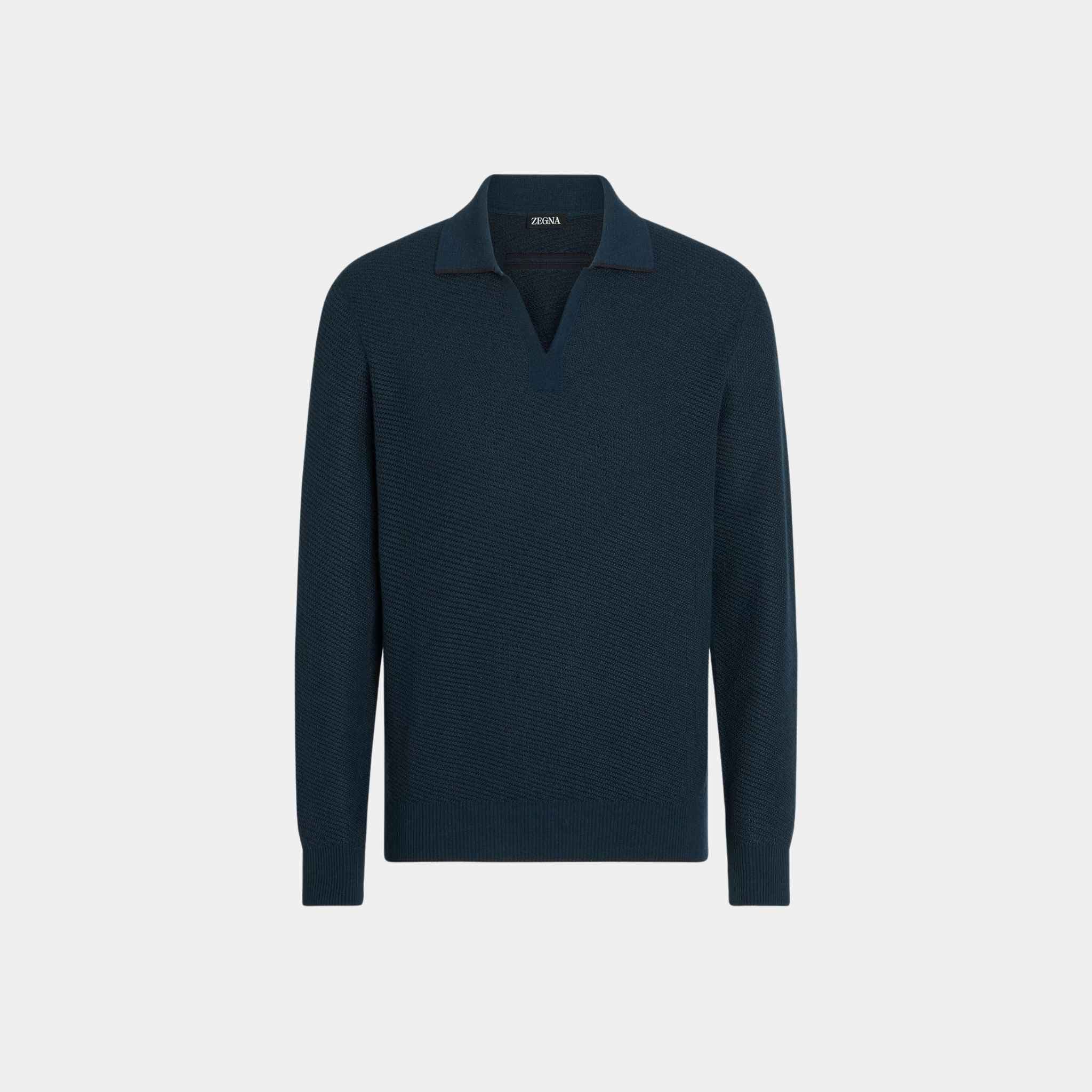 Zegna Silk And Cashmere Polo Shirt With Jacquard Pattern, Dark Teal Blue, Front