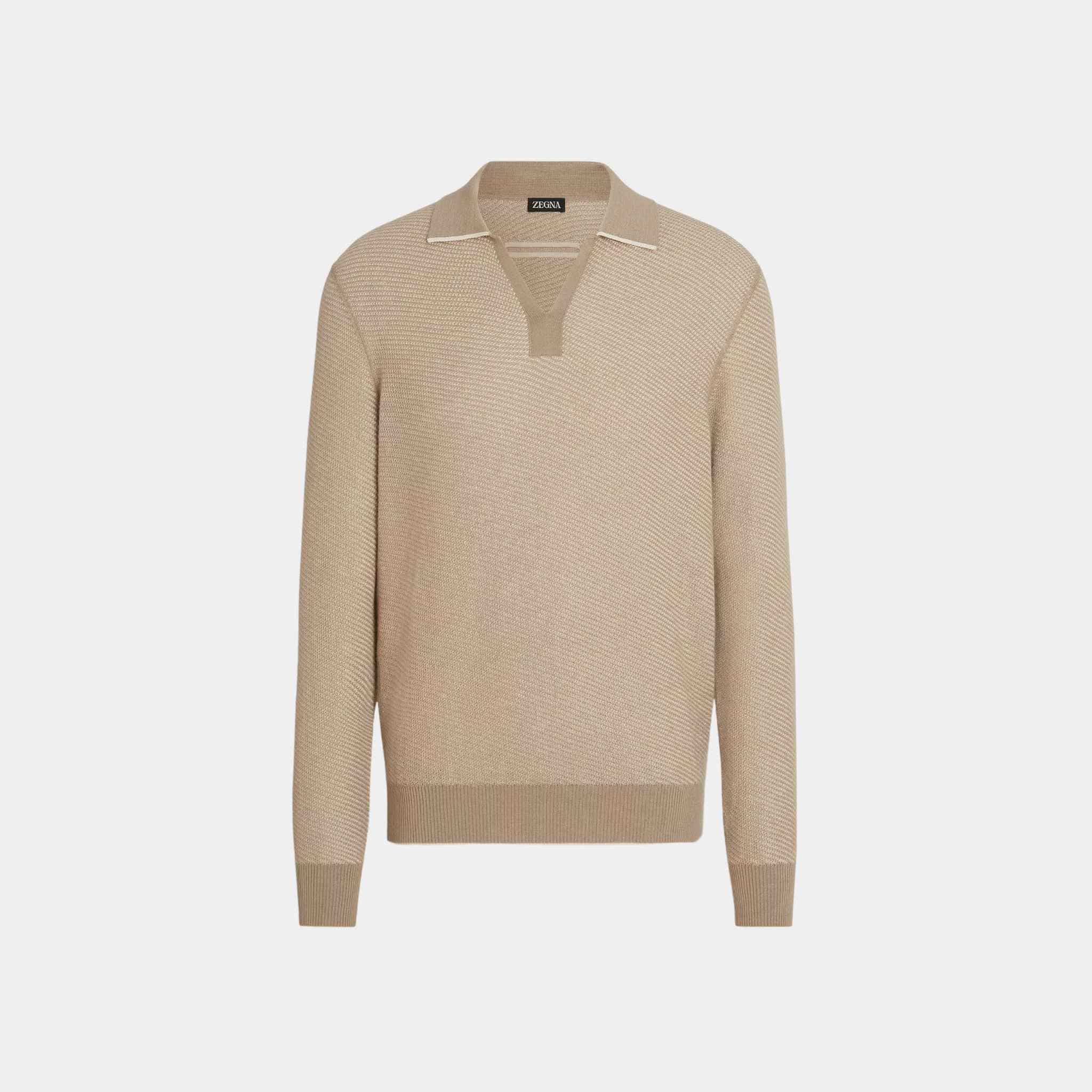 Zegna Silk And Cashmere Polo Shirt With Jacquard Pattern, Light Taupe, Front
