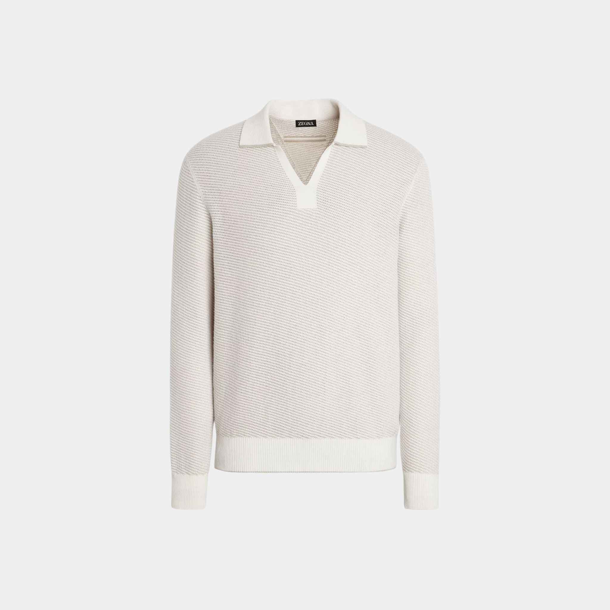 Zegna Silk And Cashmere Polo Shirt With Jacquard Pattern, White, Front