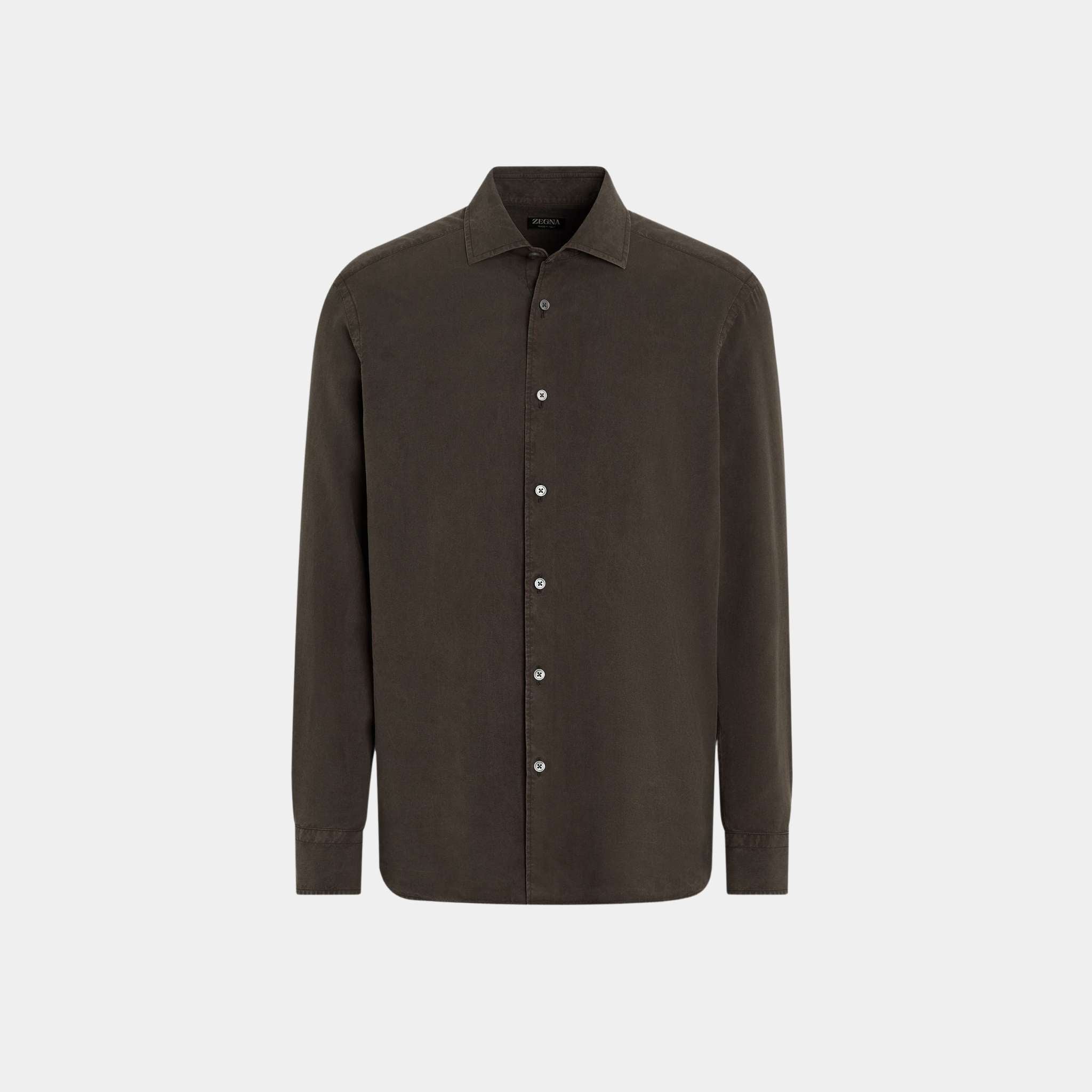 Zegna Silk Shirt With Semi-Spread Collar, Dark Brown, Front