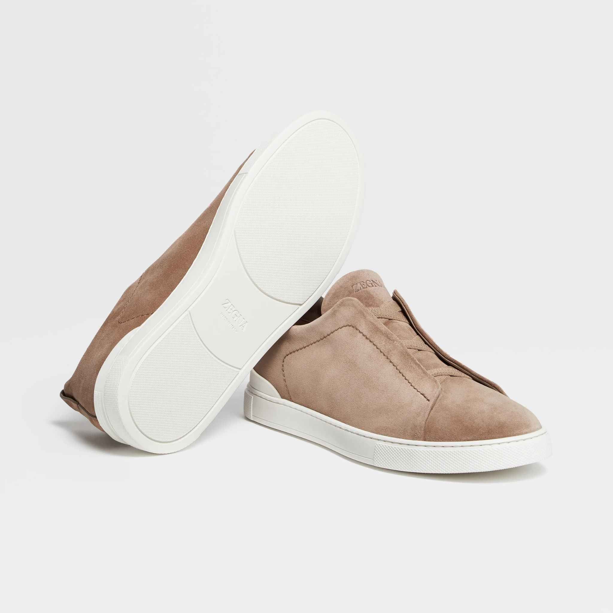 Zegna Suede Triple Stitch Sneakers, Beige, Close