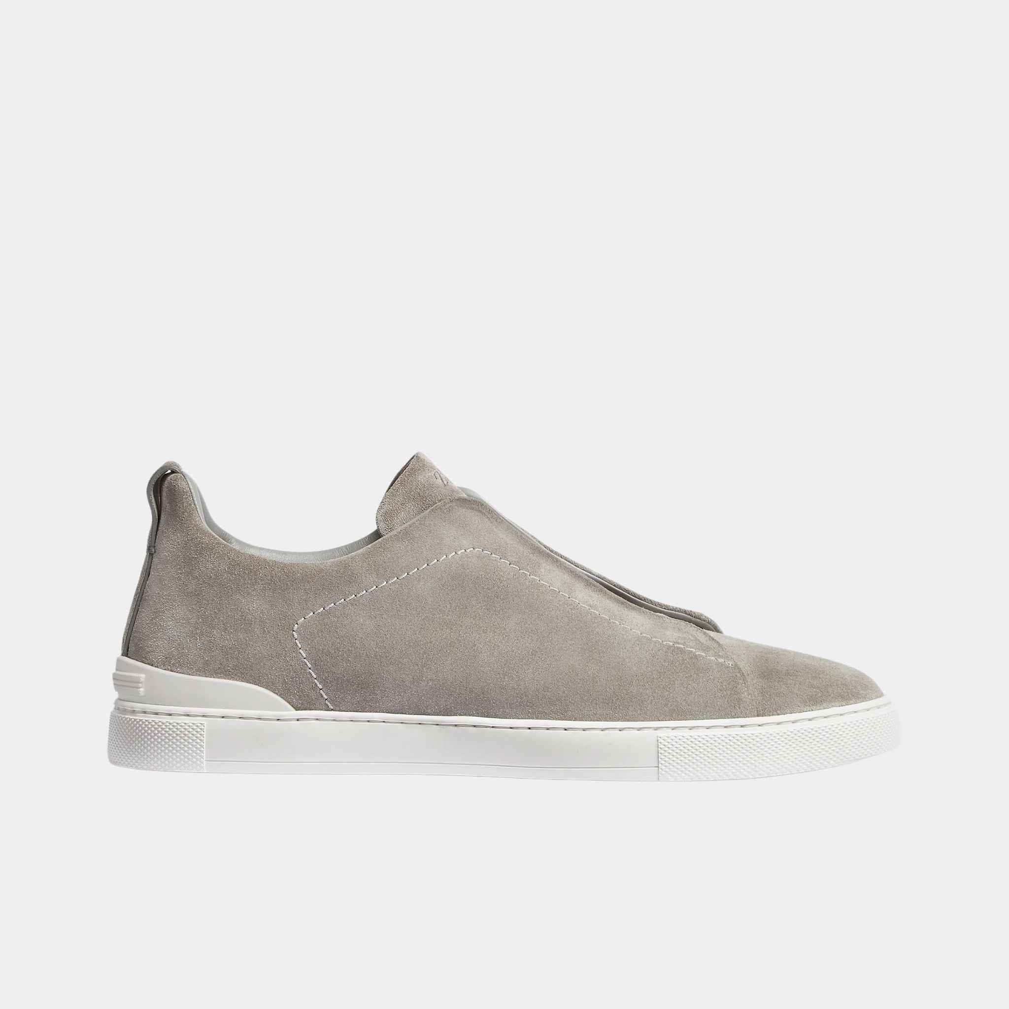 Zegna Suede Triple Stitch Sneakers, Grey Melange, Side
