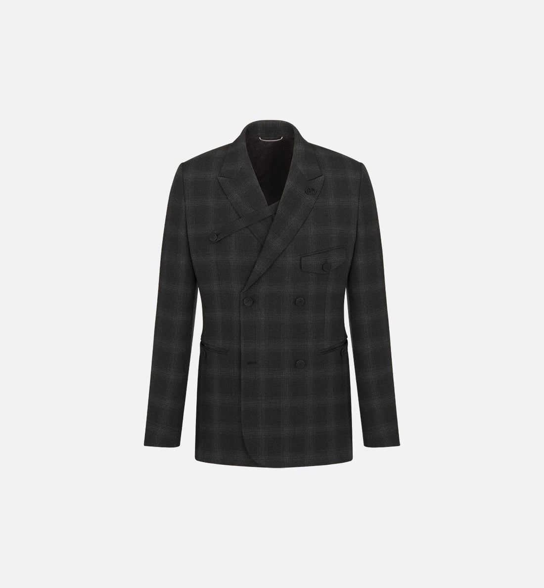 Double Breasted Jacket With Buttoned Strap Black Checkered Wool