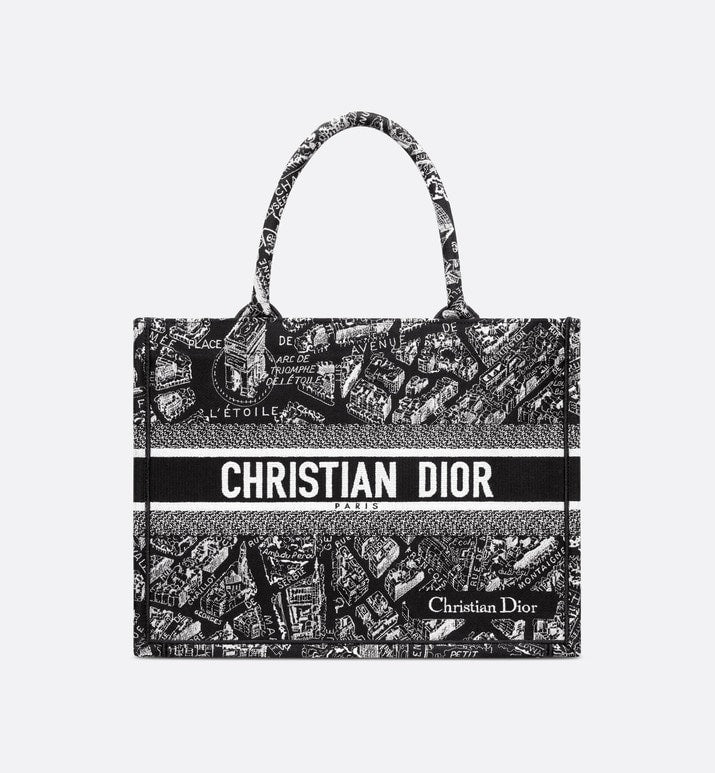 Medium Dior Book Tote Black and White Plan de Paris Embroidery