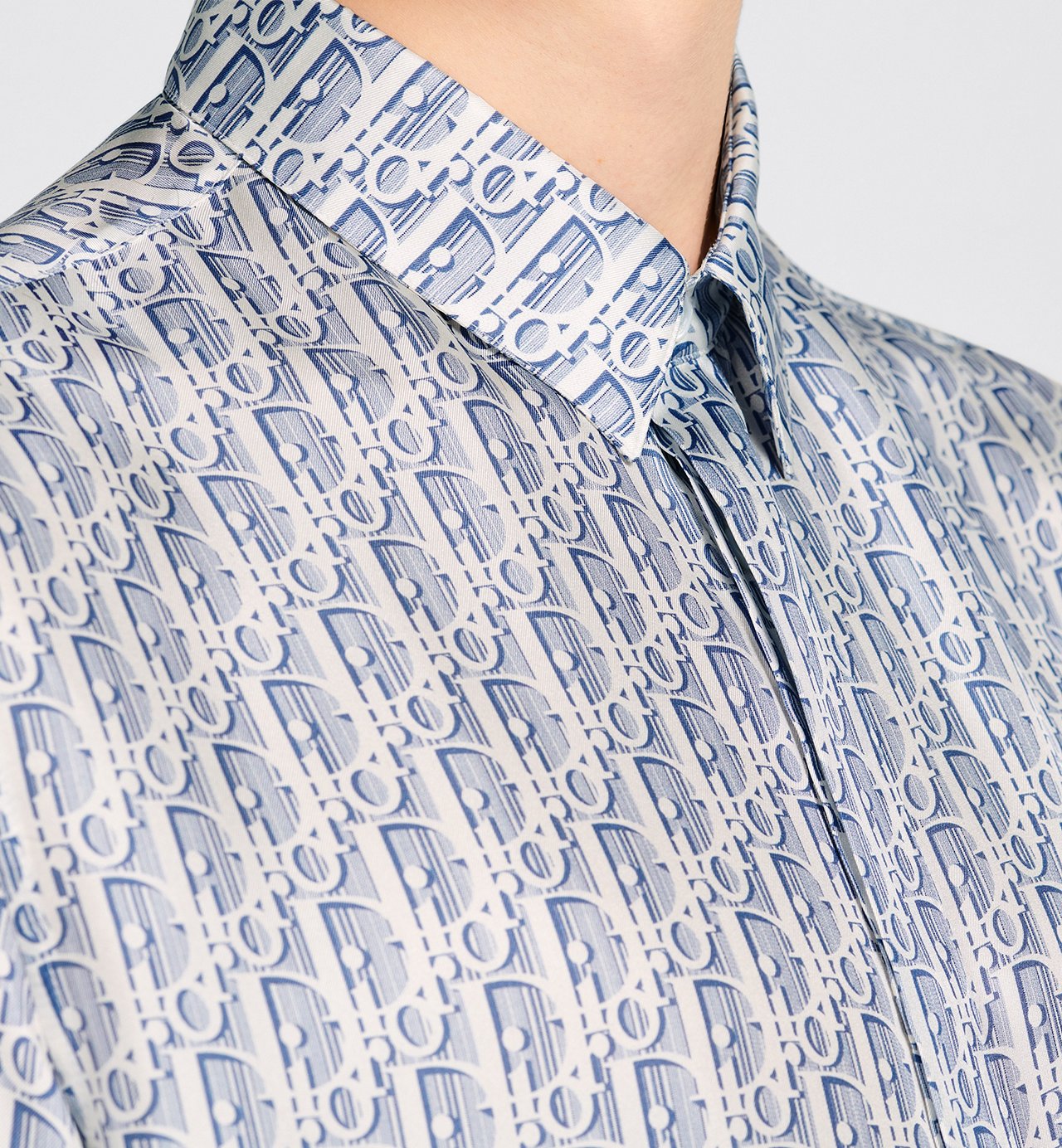 Oblique Short-Sleeved Shirt Blue Striped Silk Twill