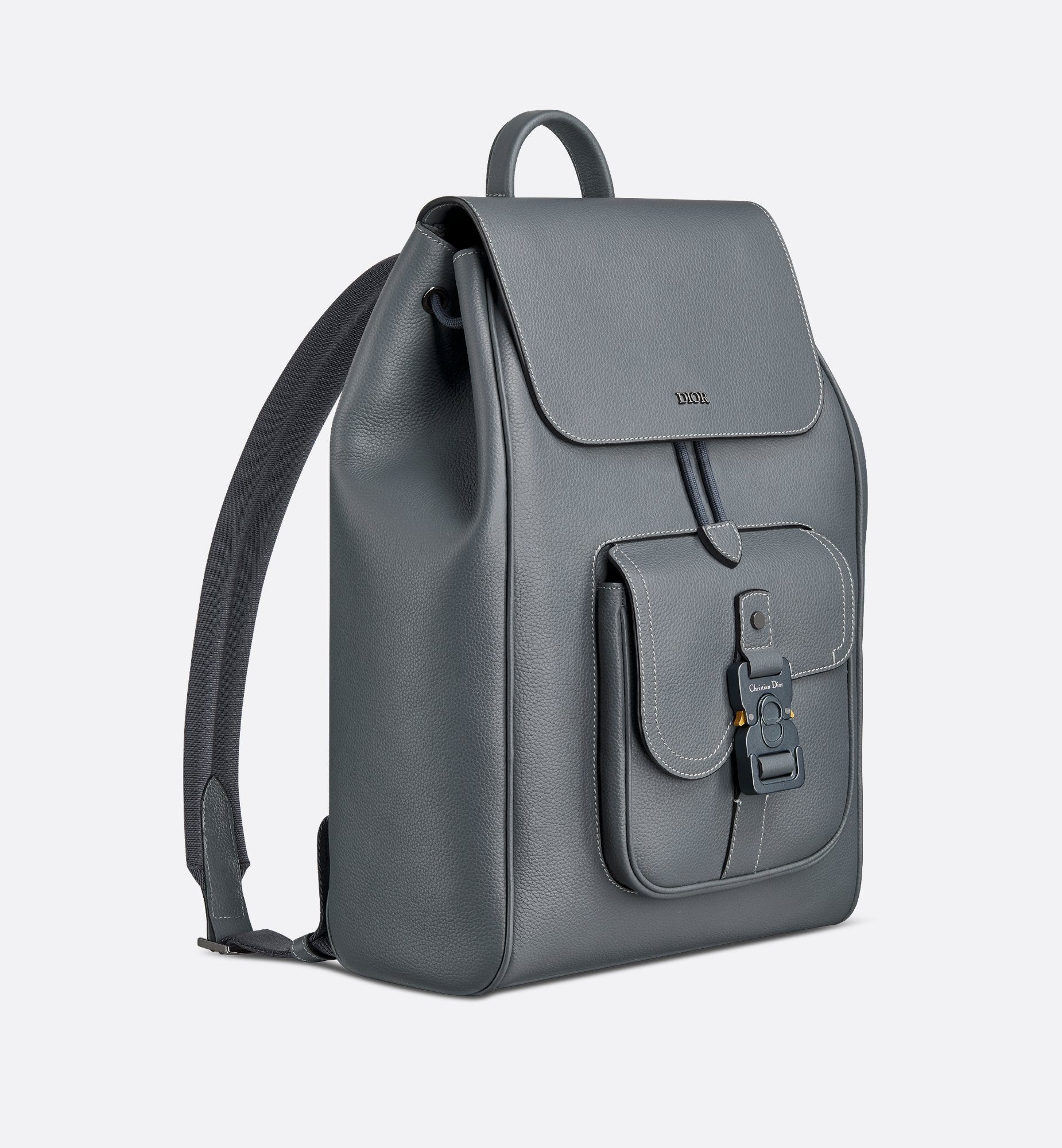 Saddle Backpack With Flap Deep Gray Grained Calfskin With Contrasting Topstitching