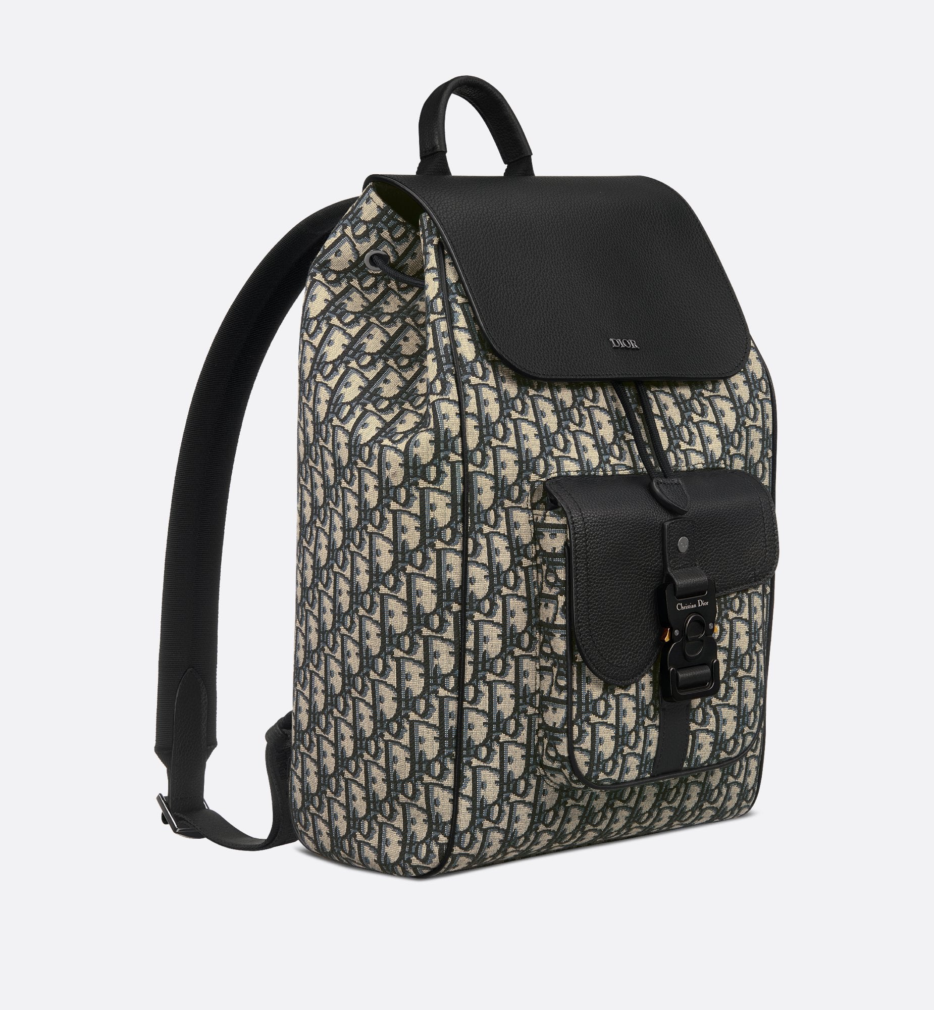 Saddle Backpack With Flap Beige And Black Dior Oblique Jacquard With Black Grained Calfskin