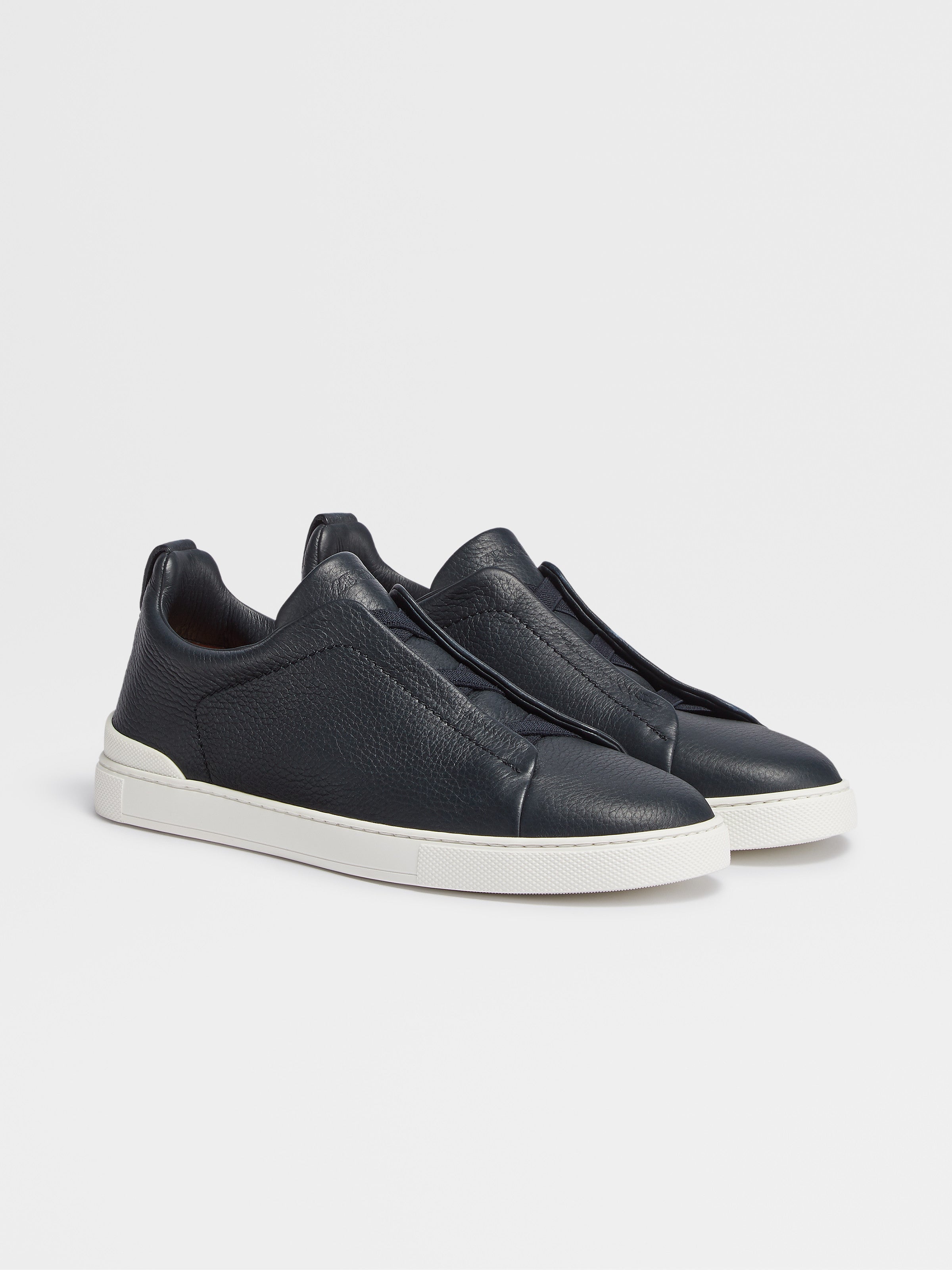 Navy Blue Deerskin Triple Stitch Sneakers