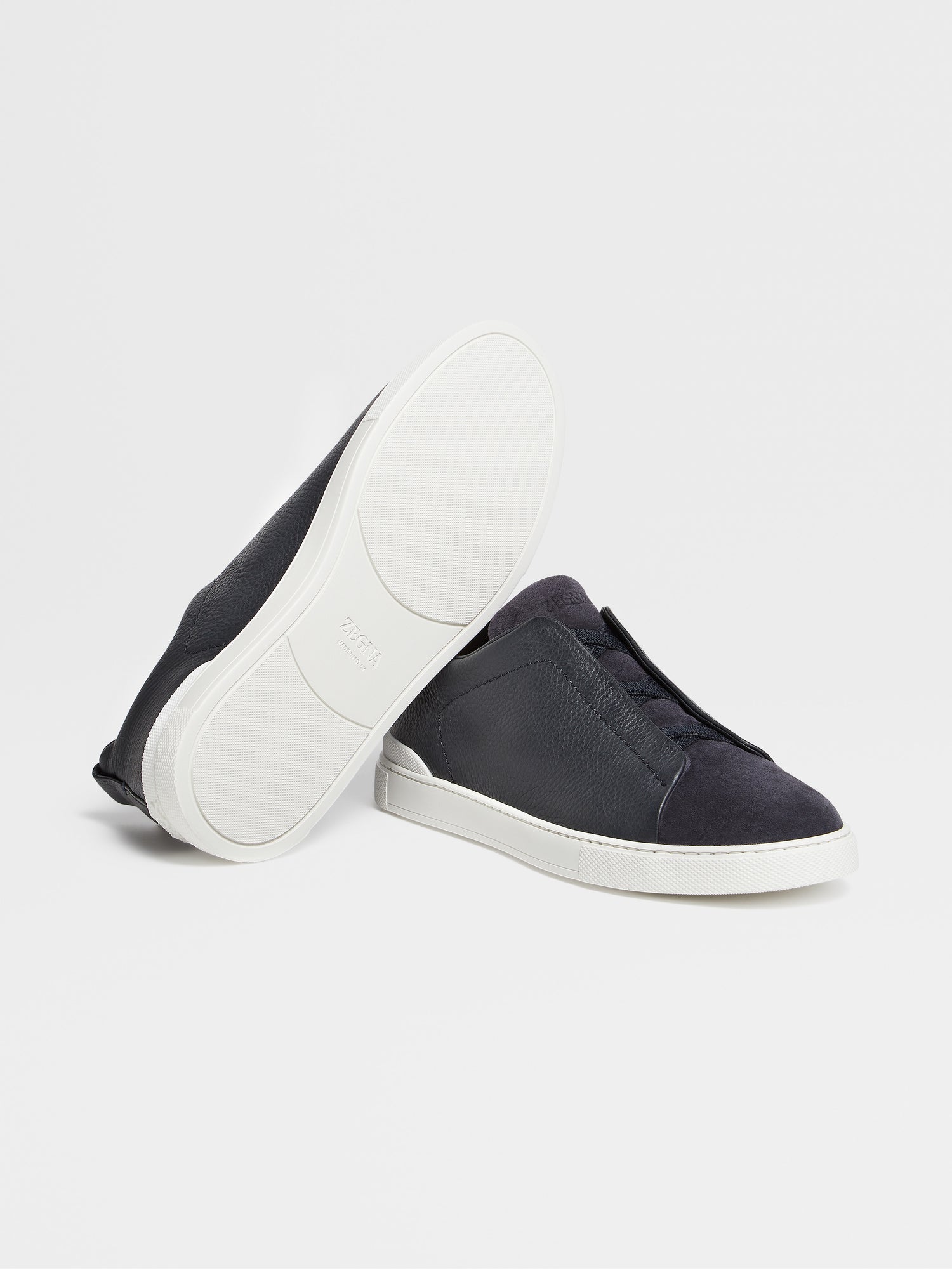 Navy Blue Leather and Suede Triple Stitch Sneakers