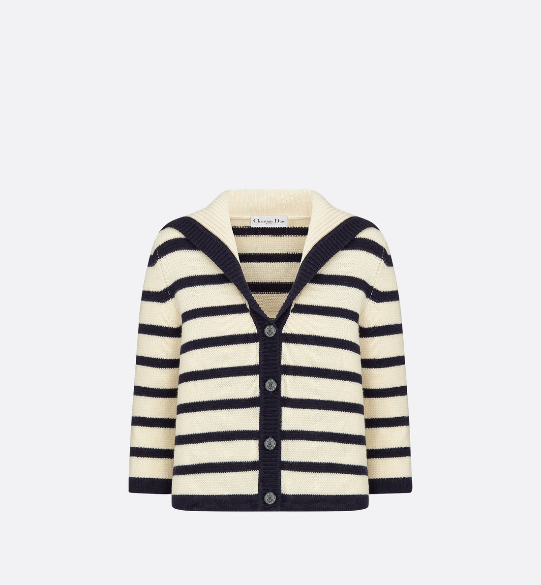 Mariniere Cardigan Navy Blue And Ecru Virgin Wool And Cashmere Knit With D Stripes Motif