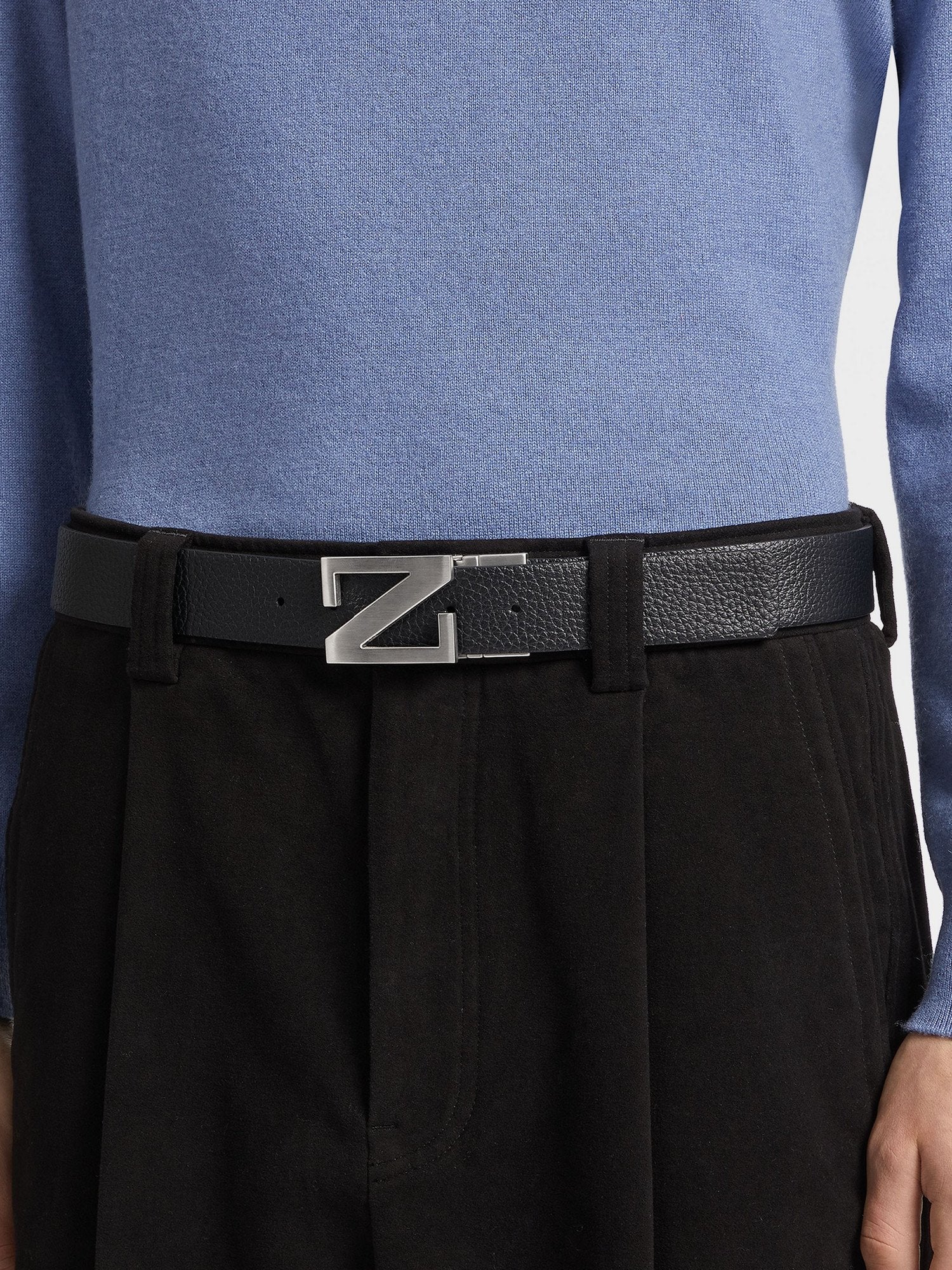 Black Grained Leather and Black Leather Reversible Belt