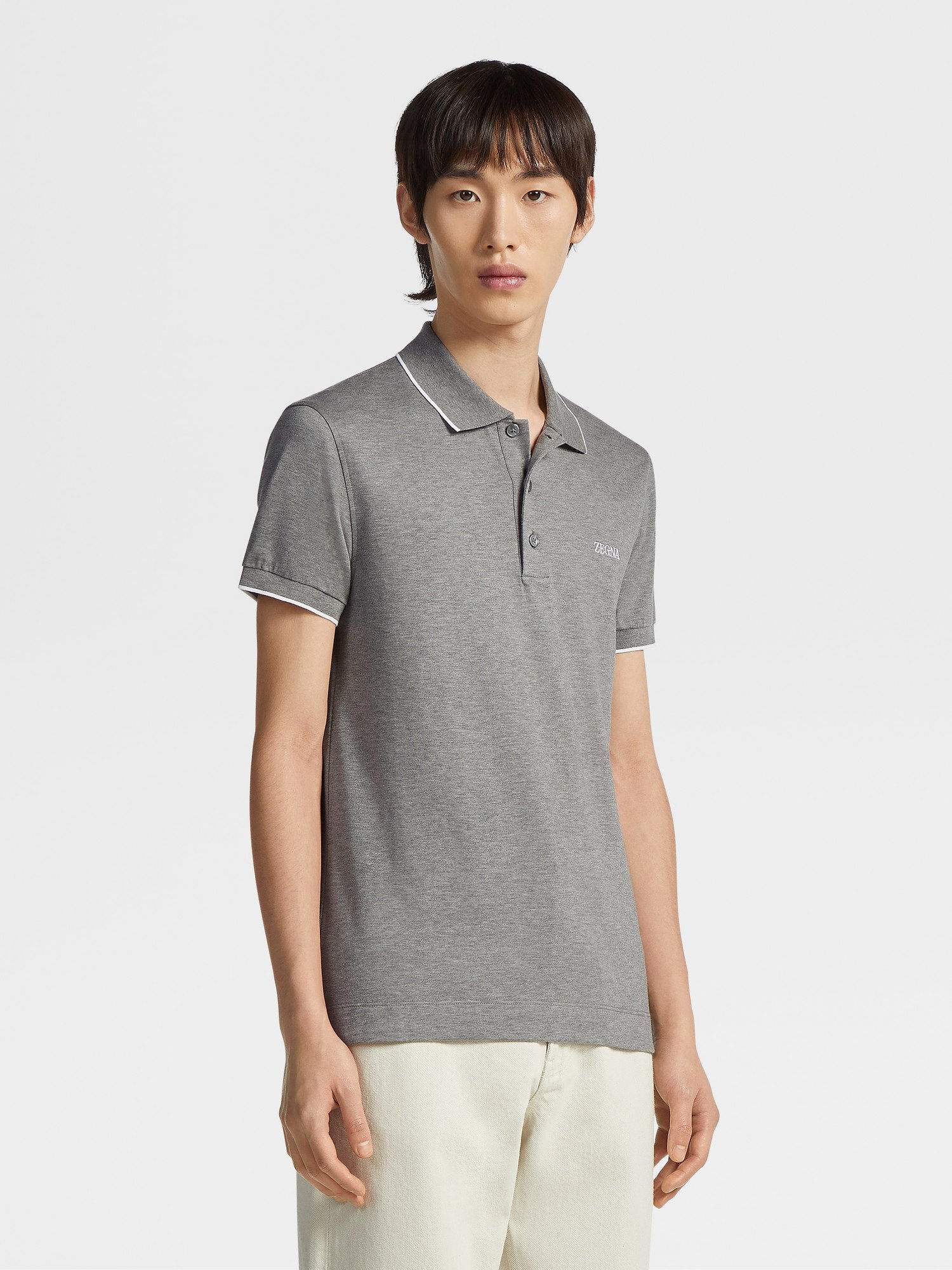 Grey Melange Stretch Cotton Short Sleeve Polo