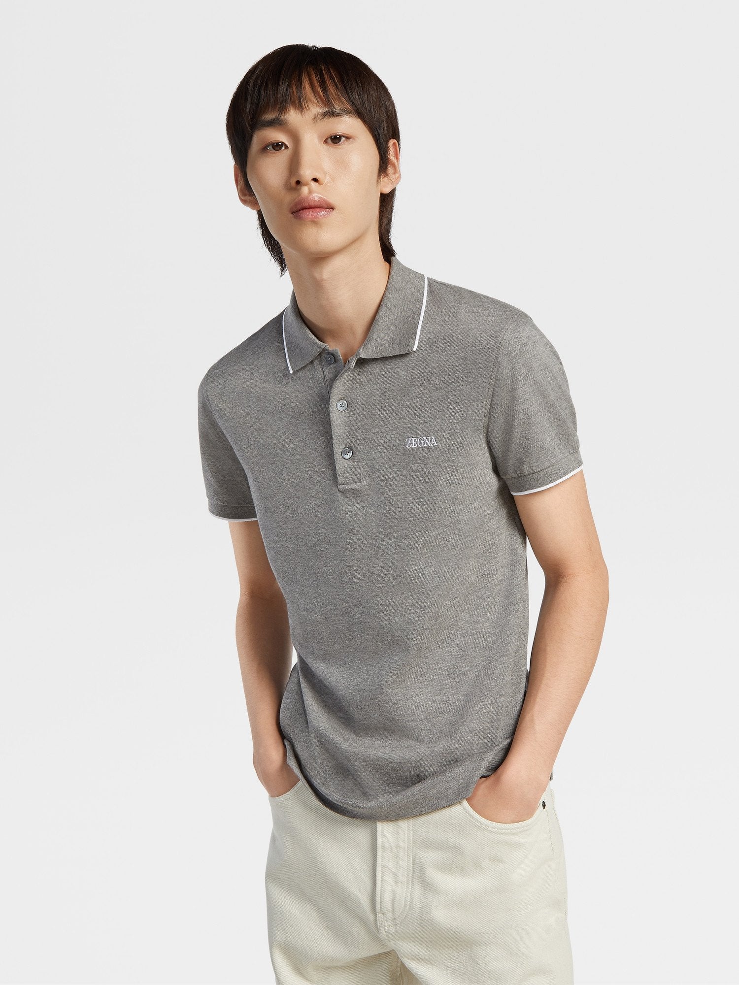 Grey Melange Stretch Cotton Short Sleeve Polo