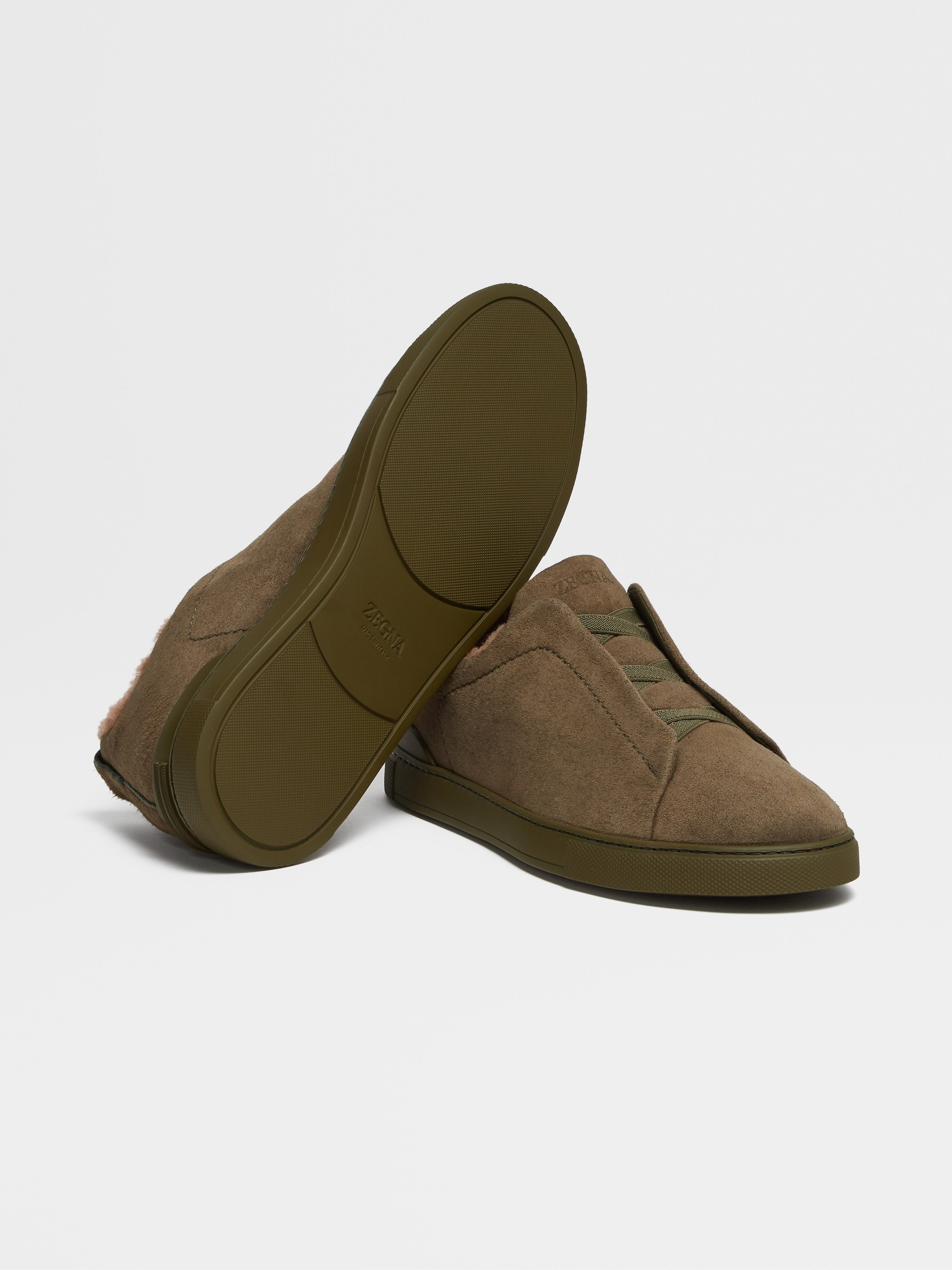 Olive Green Deerskin Triple Stitch Sneakers