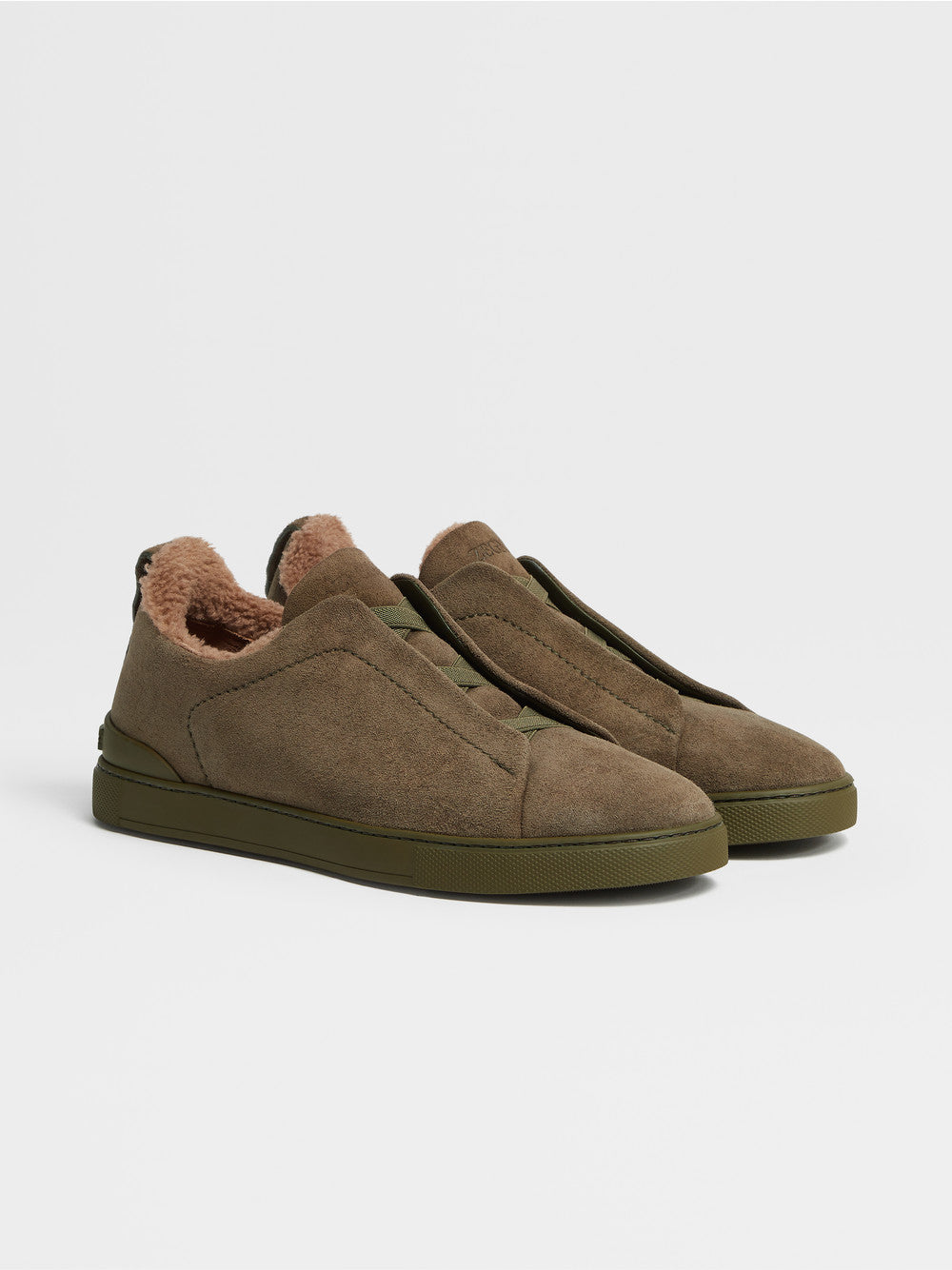 Olive Green Deerskin Triple Stitch Sneakers