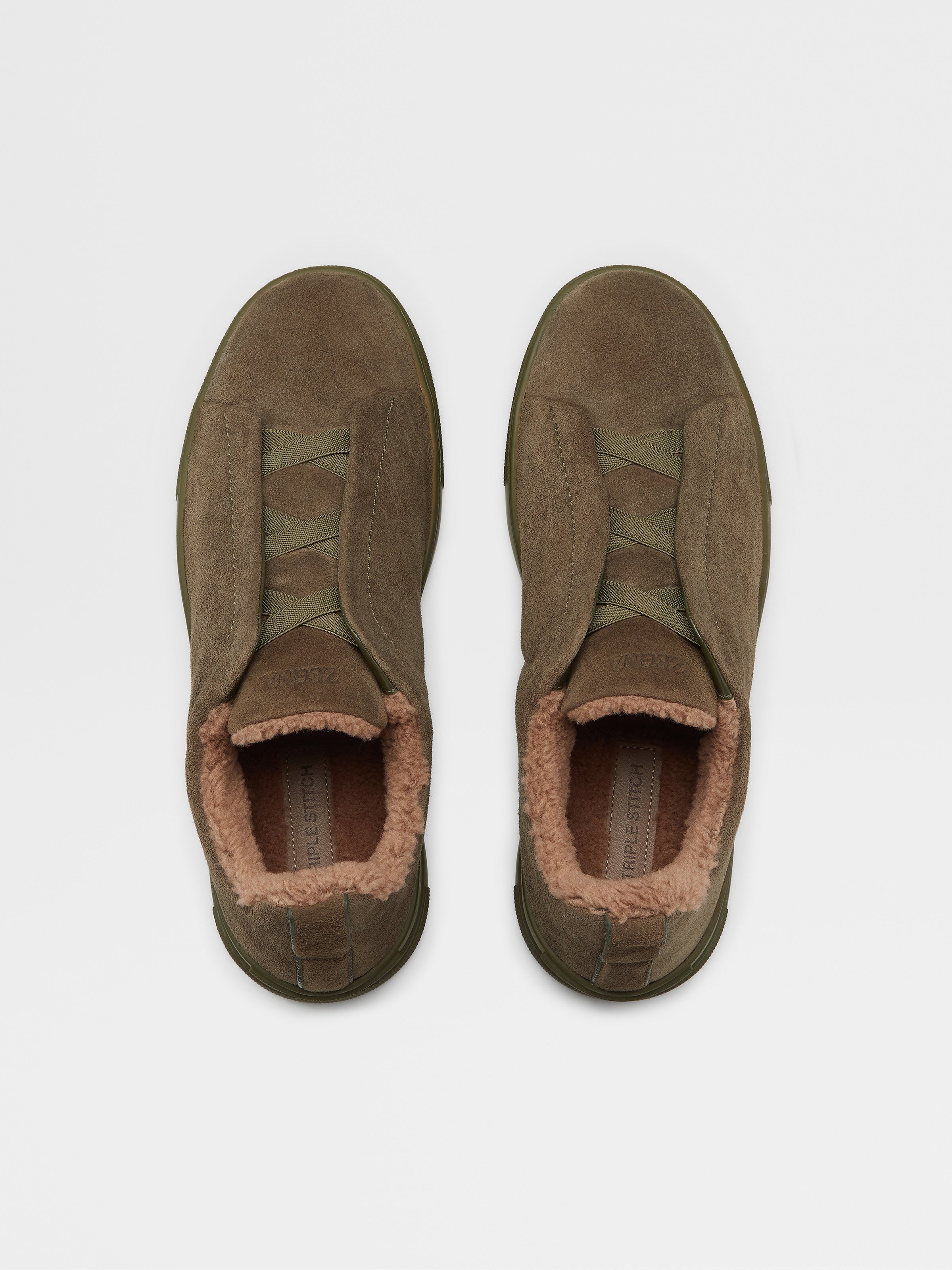 Olive Green Deerskin Triple Stitch Sneakers