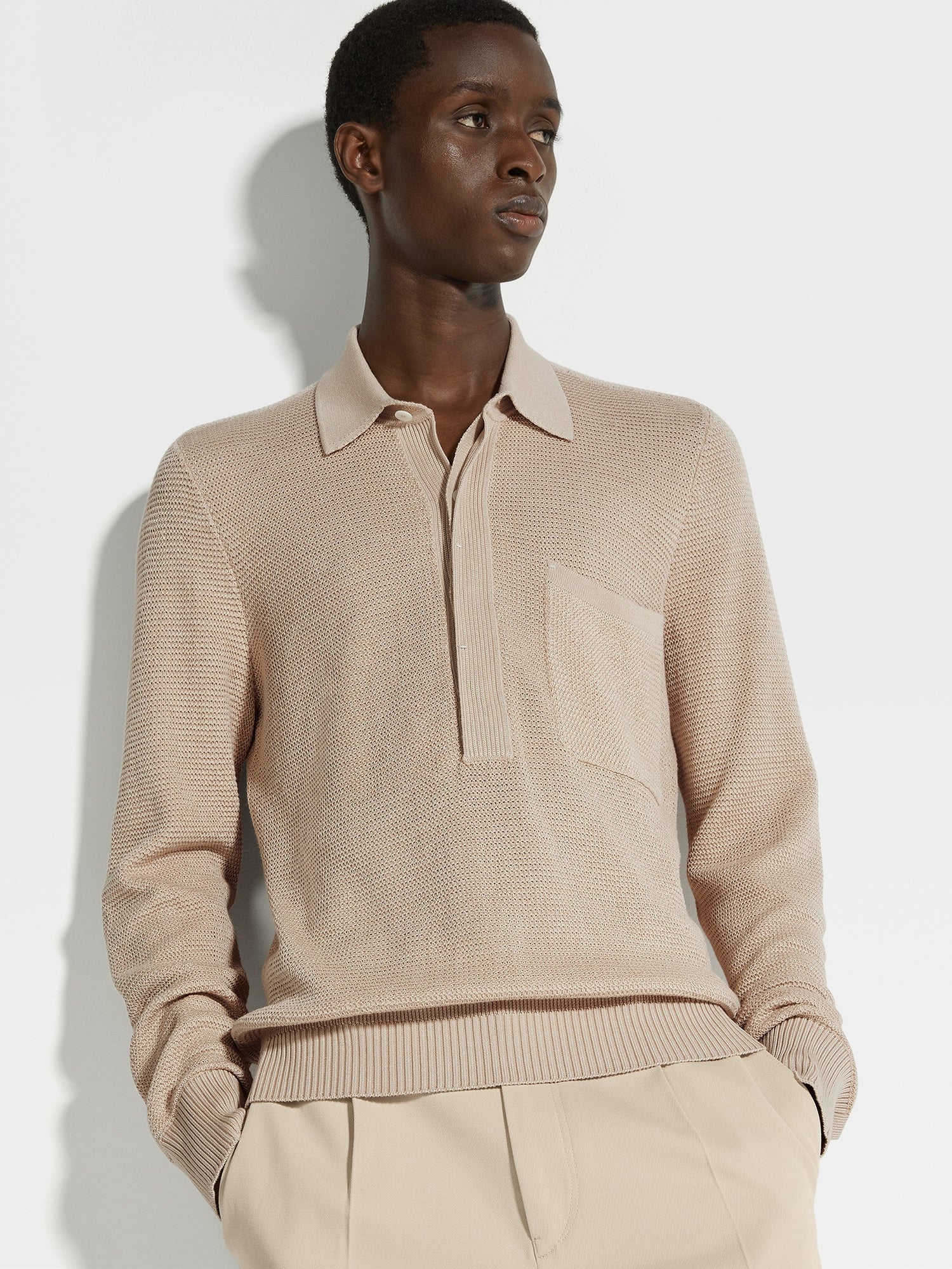 Light Beige Melange Cotton and Silk Polo Shirt