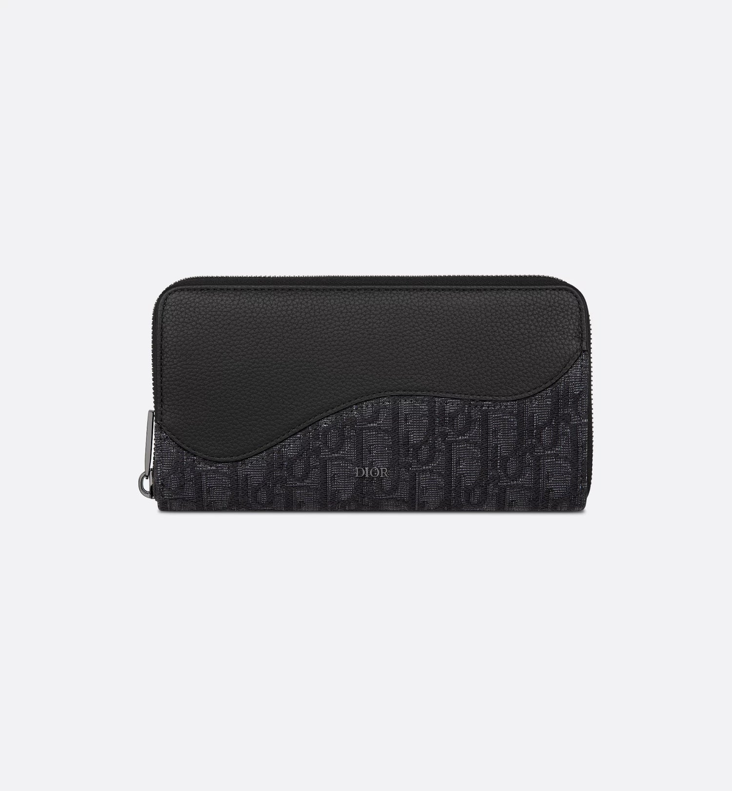 Saddle Zipped Long Wallet Black Grained Calfskin Marquetry And Black Dior Oblique Jacquard